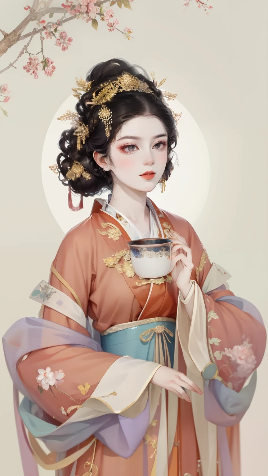 A beautiful girl in ancient China,Holding the cup in his left hand,The facial features are delicate and fair,Cool temperament,Red clothes,Black hair coiled into a bun,Wears a gold coat on his head,Chinese Tang Dynasty clothing,Red gold maxi dress,Long black hair, rays of sunshine,Clear face,ultraclear,tmasterpiece,ultra - detailed,high qulity,HighestQuali,The main color is red,Background simple elements,Elegant and noble,Elegan