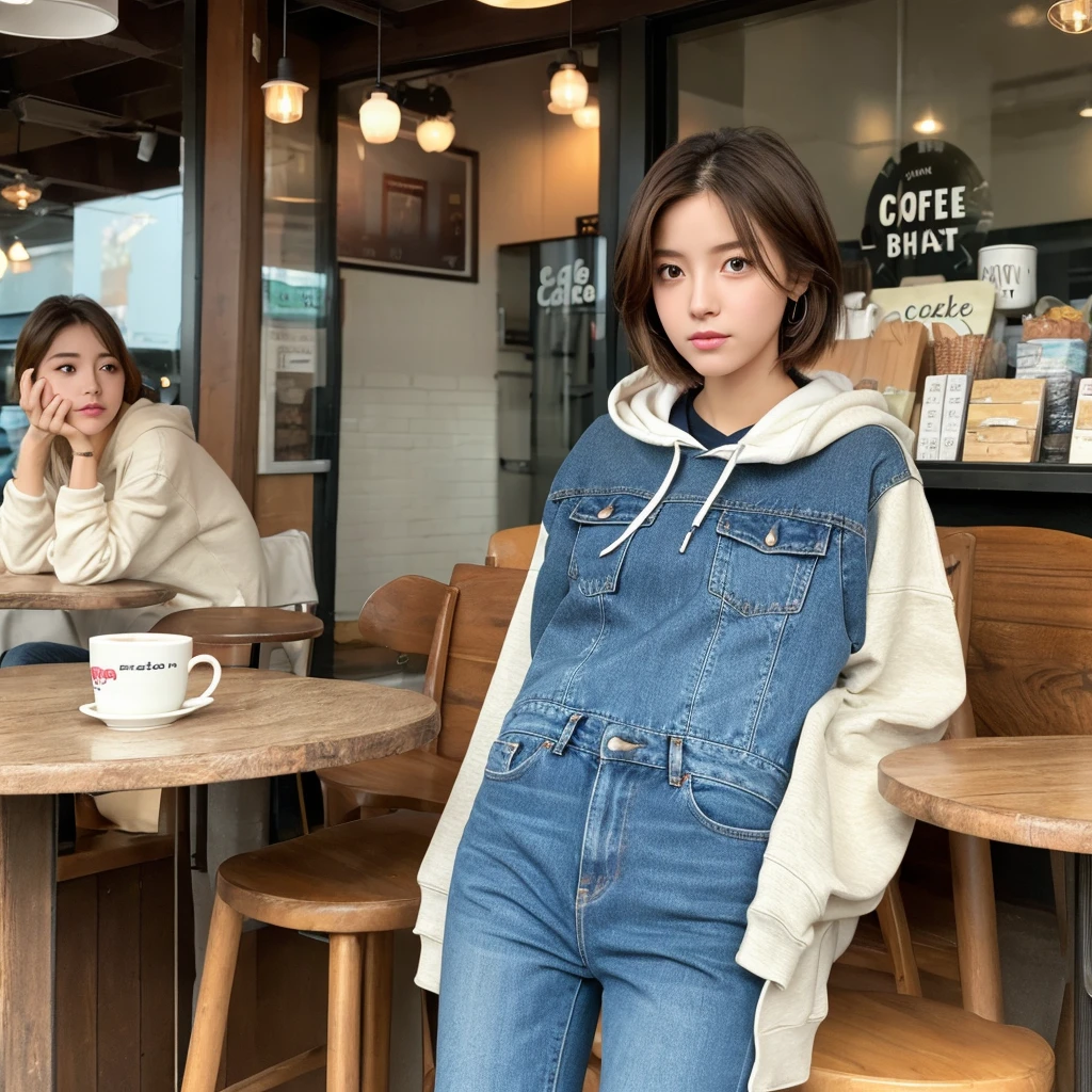 (realistic、High resolution:1.3)、1 girl with perfect figure、super thin face and eyes、short hair、hoodie:1 in random color.2、short jeans、at the cafe、coffee on the table