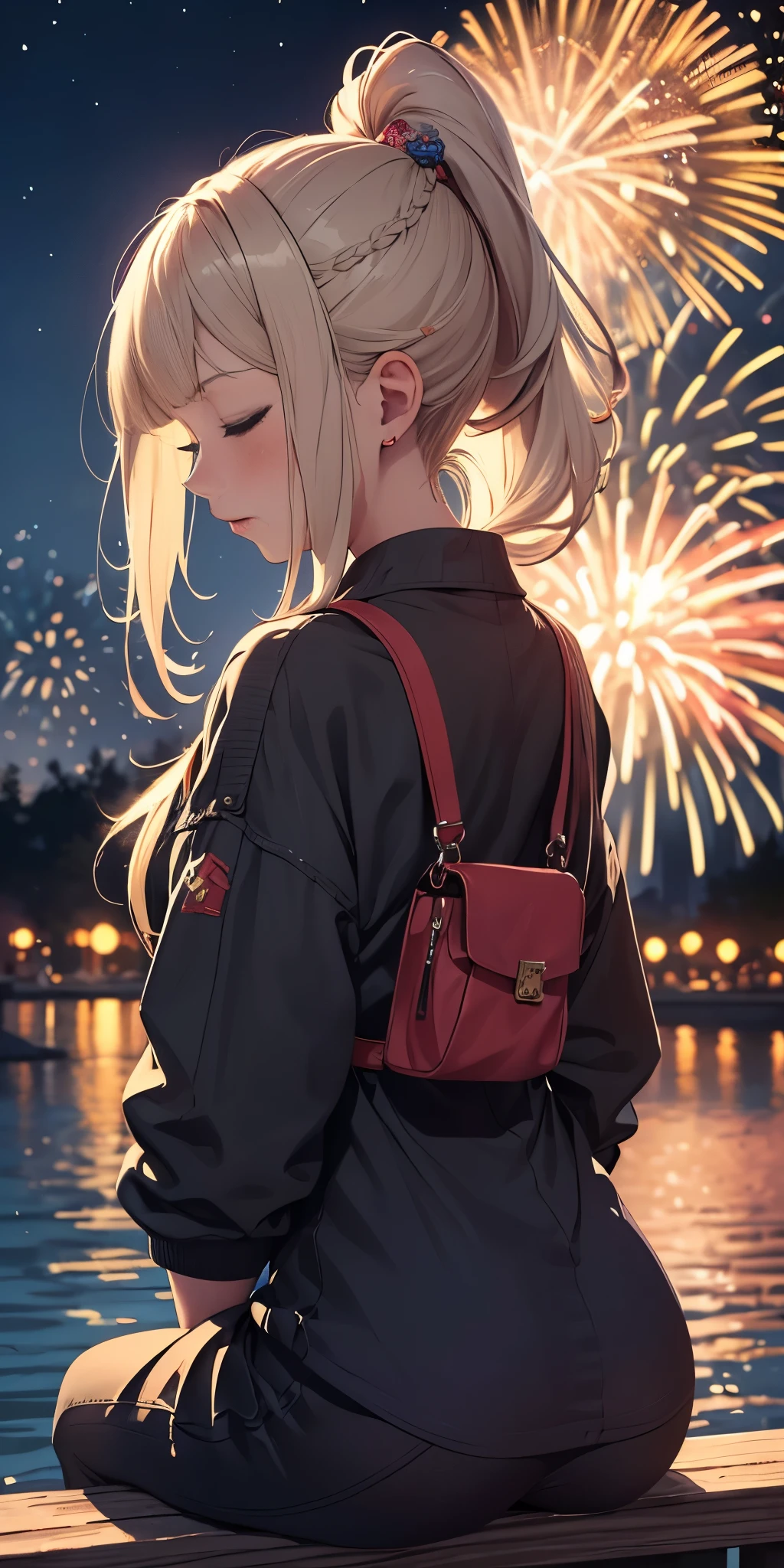 (((masterpiece))), (1girl:1.5), hyper detailed, highres, ((best quality)), (extremely delicate and beautiful), {8k cg wallpaper}, illustration, (blush), (braided ponytail | ponytail | hairbun), (extremely detailed background:1.6), (very long black hair|blonde hair), detailed face, night, festival, (kimono:0.7), outdoors, lantern, (fireworks:1.4), paper lantern, snow, wind, snowflakes, hair ornament, closed eyes, (from behind:1.3), sitting, river, riverbank, starry sky, (holding hands:0.6), leaning on person, pointing, on heaven