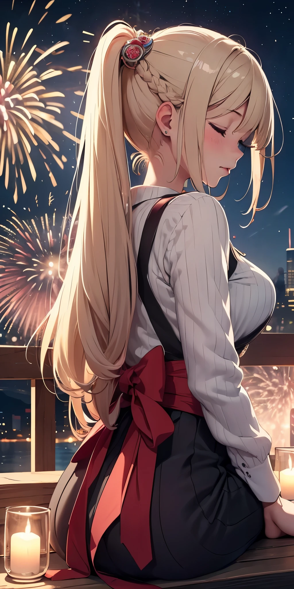 (((masterpiece))), (1girl:1.5), hyper detailed, highres, ((best quality)), (extremely delicate and beautiful), {8k cg wallpaper}, illustration, (blush), (braided ponytail | ponytail | hairbun), (extremely detailed background:1.6), (very long black hair|blonde hair), detailed face, night, festival, outdoors, lantern, (fireworks:1.4), paper lantern, snow, wind, snowflakes, hair ornament, closed eyes, (from behind:1.3), sitting, river, riverbank, starry sky, (holding hands:0.6), leaning on person, showing pink thong, nice ass
