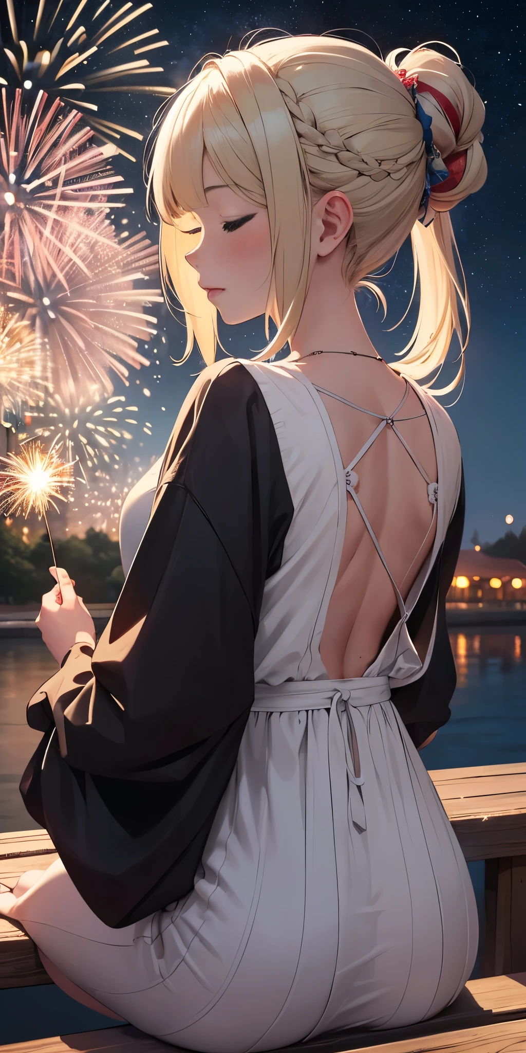 (((masterpiece))), (1girl:1.5), hyper detailed, highres, ((best quality)), (extremely delicate and beautiful), {8k cg wallpaper}, illustration, (blush), (braided ponytail | ponytail | hairbun), (extremely detailed background:1.6), (very long black hair|blonde hair), detailed face, night, festival, (kimono:0.7), outdoors, lantern, (fireworks:1.4), paper lantern, snow, wind, snowflakes, hair ornament, closed eyes, (from behind:1.3), sitting, river, riverbank, starry sky, (holding hands:0.6), leaning on person, pointing, on heaven
