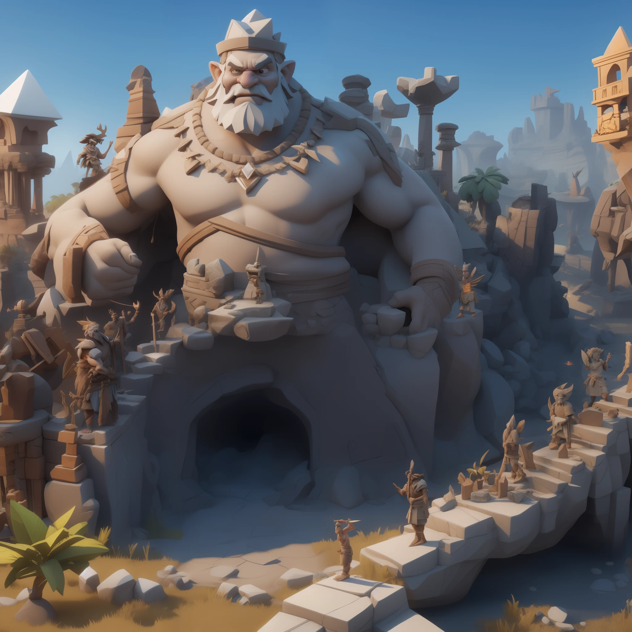The game monolithic architecture、Stone Age、Primordial period,Clash Royale style、Cartoon model rendering,white backgrounid,tmasterpiece,best qualtiy,Best resolution,8K(European and American cartoon Q version style、3D model rendering、Original barbaric style)