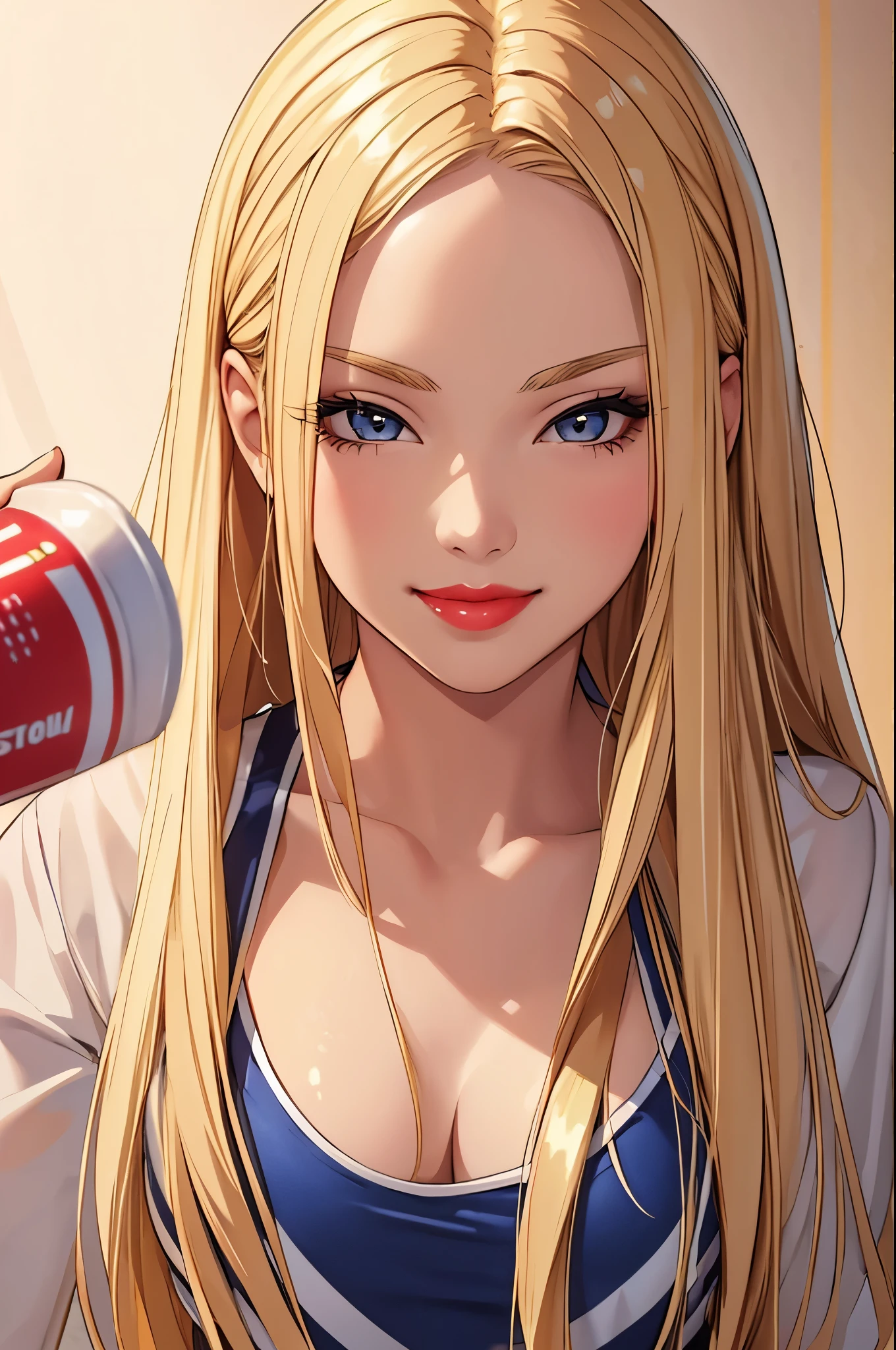 1girl,  (masterpiece, detailed background, best quality), long and shiny hair, blonde hair, sportswear, smirk, juicy lips, bitch juice, red lips, perfect eyes,