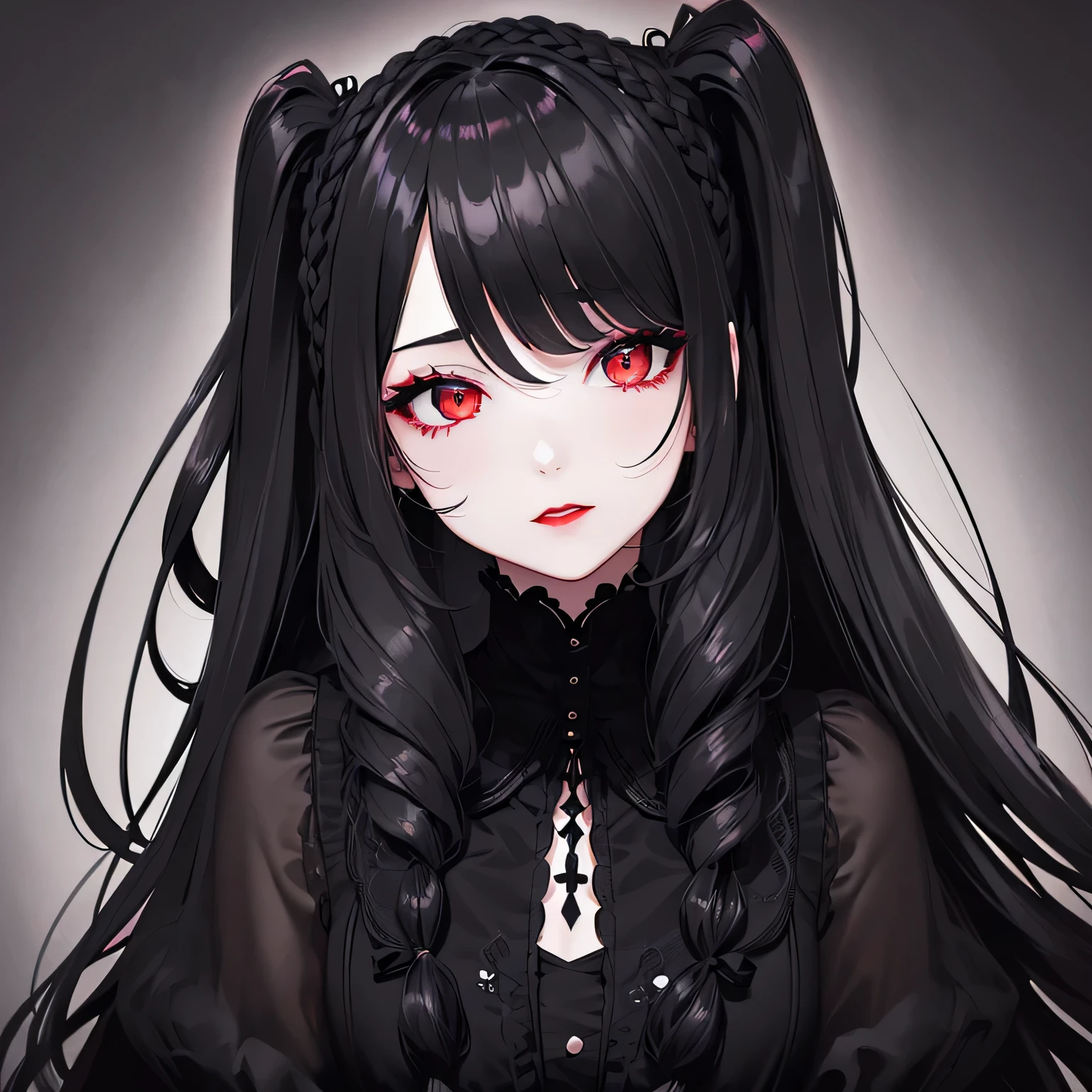 1girl,sense of deps,disorganized,catch light,Super beautiful illustrations,(black color,Two Side Up Hairstyles:1.6),Turn around,dark dark eyeshadow,bright red lipstick,gothic lolita,Upper body,;D,beautiful and delicate flowing hair,Delicate and detailed red eyes