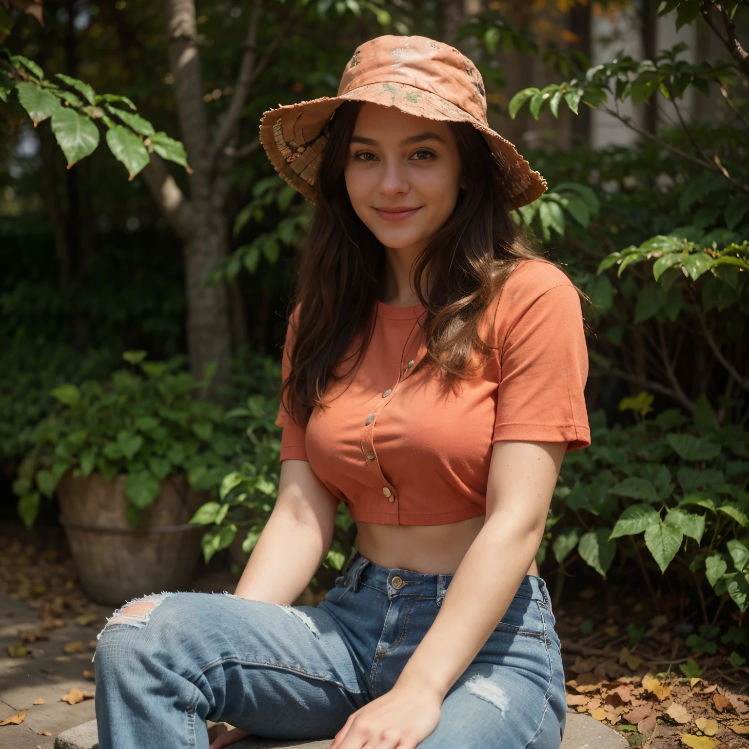 brunette woman, age 28 years old, weight 55 kg, height 167cm, hair color dark brown, eye color brown, long hair, waist 60cm, bust 86cm, ((breast 85cm)) instagram LUT, photorealistic, sitting in the leaves in a red bucket hat, red shirt, red top, blue jeans, a picture inspired by Ion Andreescu, wearing a bucket hat, smiling, casual pose, covered in coral, in fall, casually dressed, covered in fallen leaves, 🍁 cute, next to a tree, covered in leaves, in the autumn