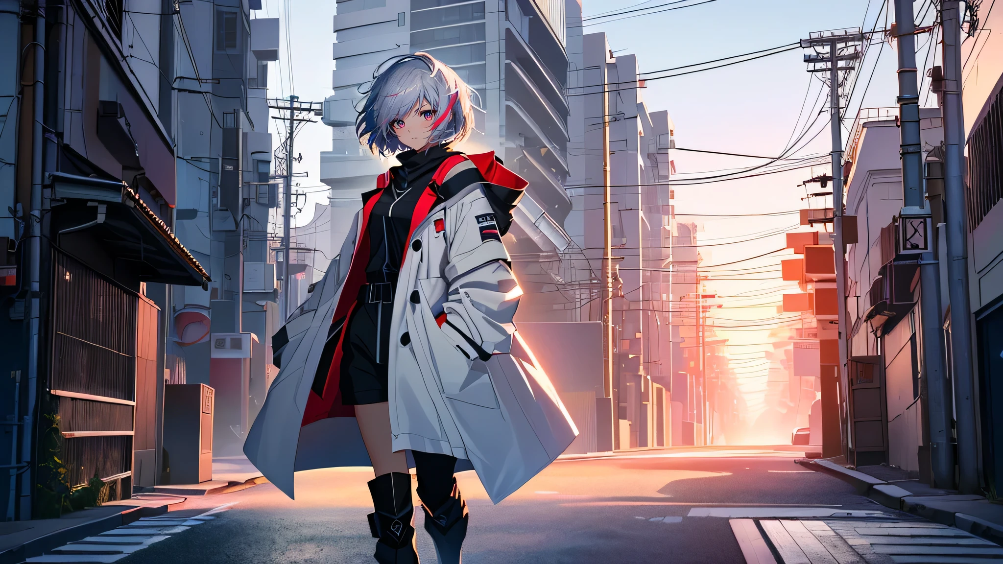 (Masterpiece,4K,top-quality, Cinematic,cinematic Film still from), Award-winning concept Japanese anime wallpapers,Japanese anime,Detailed surface,Reasonable structure,A girl stands on the street, watching the camera,Powder white short hair streaked hair,Red eyeliner,Black jumpsuit,White Off Shoulder Coat,White shorts,Grey stockings,Black long boots,Wide- angle view,neon cold lighting,super details