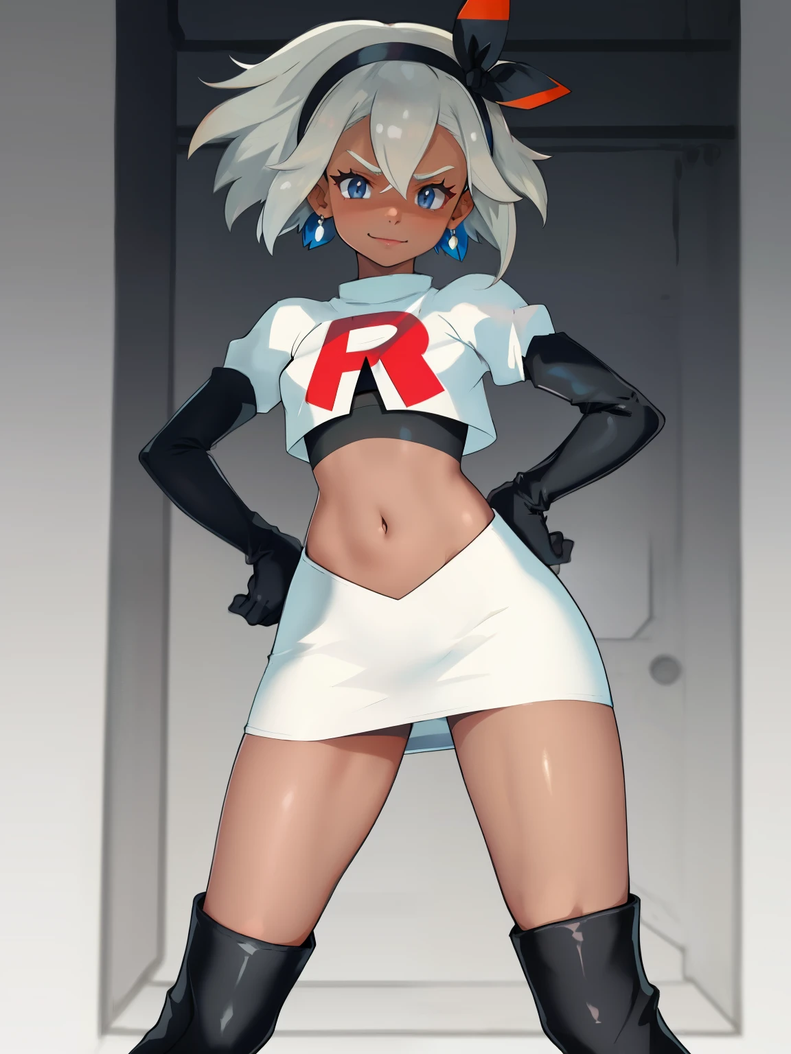 bea pokemon, black hairband, hair bow, dark-skinned female,hair between eyes, grey hair, short hair,grey eyes ,glossy lips, earings ,team rocket uniform, red letter R, white skirt,white crop top,black thigh-high boots, black elbow gloves, closed mouth, evil smile, hands on hips