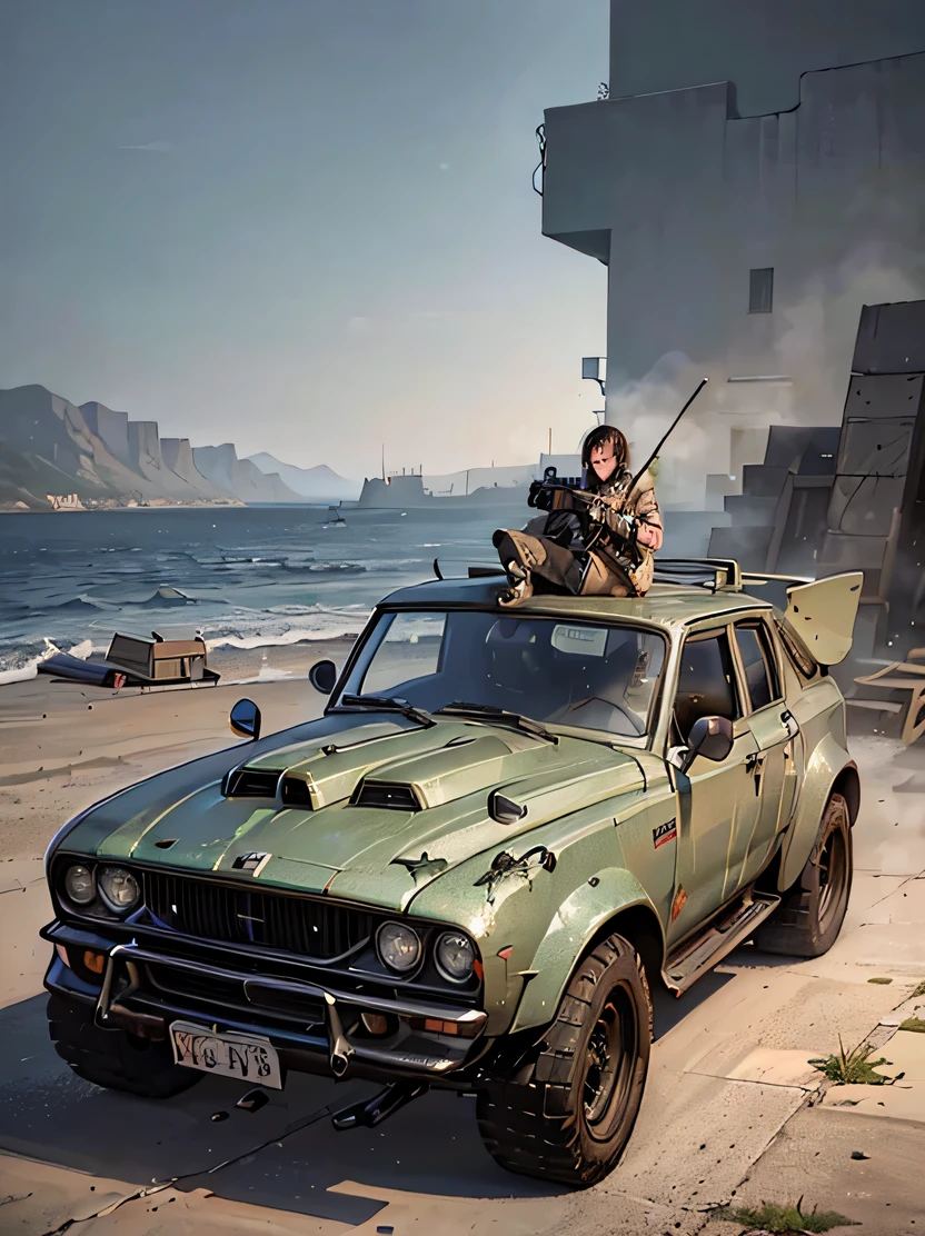 ((masterpiece、highest quality、real、Super detailed、High resolution、photorealistic、sharp focus、realistic photo、Live shooting、cinematic lighting))、 (Combat vehicles)、(Armored vehicles)、vehicle focus、there are no humans、Car、、splash clean water、Ruined city at dusk、cigarette、sparks、Olive drab color paint、zeekars
