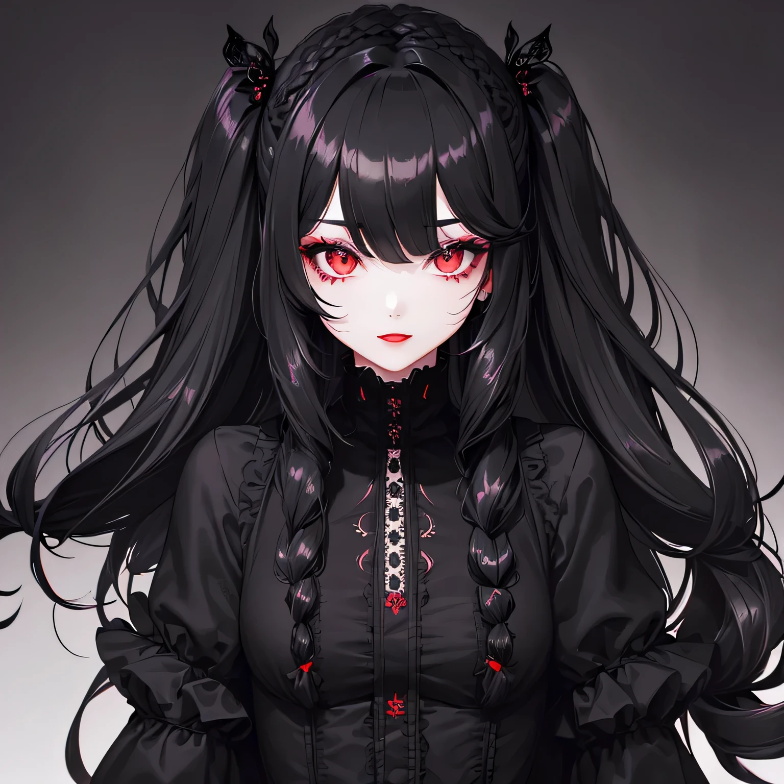 1girl,sense of deps,disorganized,catch light,Super beautiful illustrations,(black color,Two Side Up Hairstyles:1.6),Turn around,dark dark eyeshadow,bright red lipstick,gothic ta,Upper body,;D,beautiful and delicate flowing hair,Delicate and detailed red eyes
