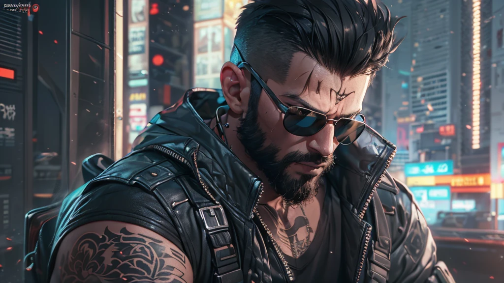 cyberpunk, mercenary, Black sunglasses, man, Short hair, short beard, looking straight ahead, scar on the face, left arm machine, ultra high definition, high detail, 8K