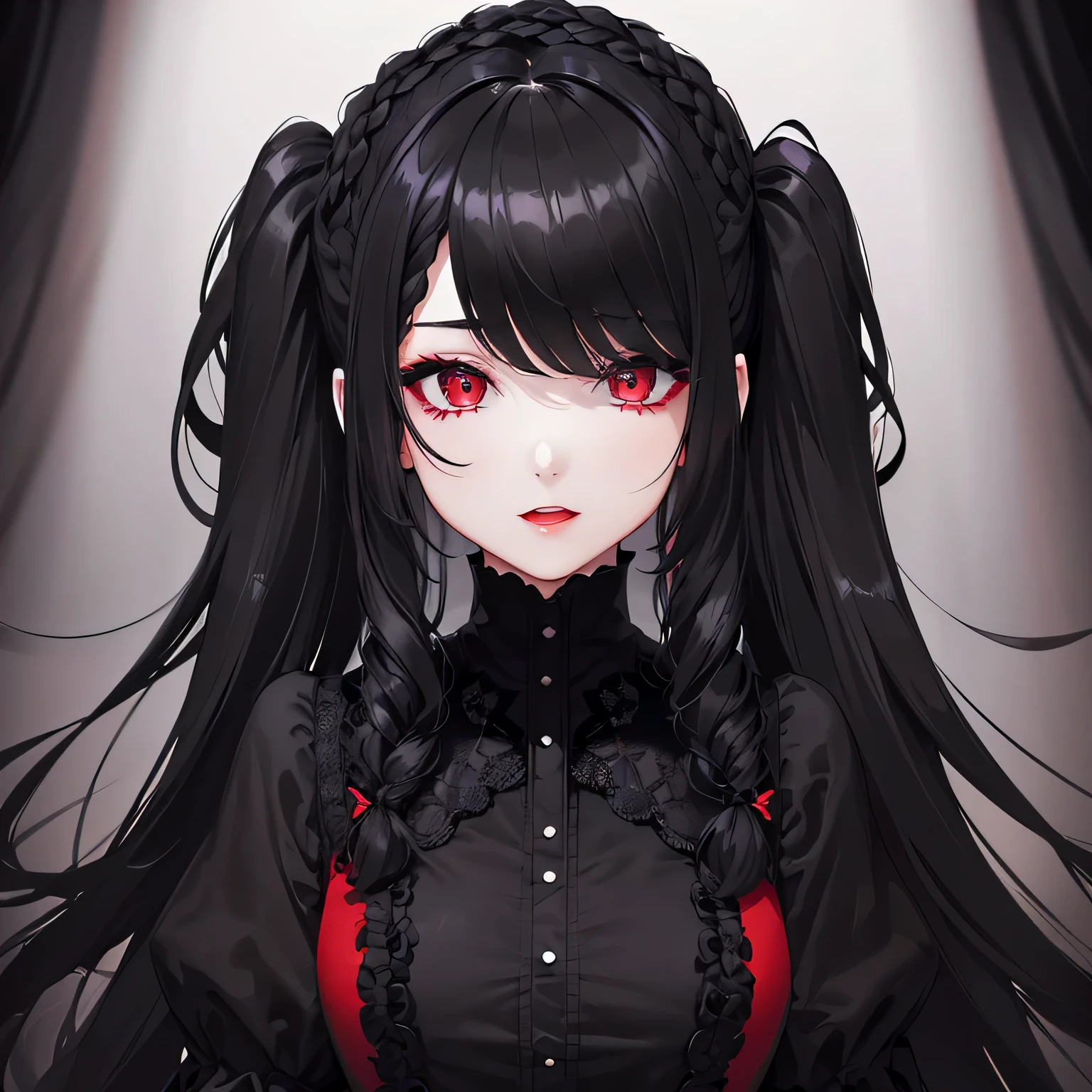 1girl,sense of deps,disorganized,catch light,Super beautiful illustrations,(black color,Two Side Up Hairstyles:1.6),Turn around,dark dark eyeshadow,bright red lipstick,gothic lolita,Upper body,;D,beautiful and delicate flowing hair,Delicate and detailed red eyes