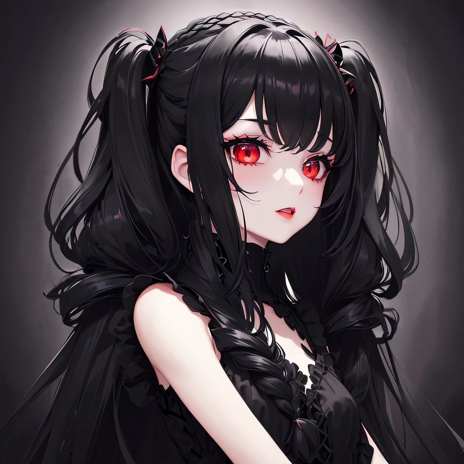 1girl,sense of deps,disorganized,catch light,Super beautiful illustrations,(black color,Two Side Up Hairstyles:1.6),Turn around,dark dark eyeshadow,bright red lipstick,gothic lolita,Upper body,;D,beautiful and delicate flowing hair,Delicate and detailed red eyes