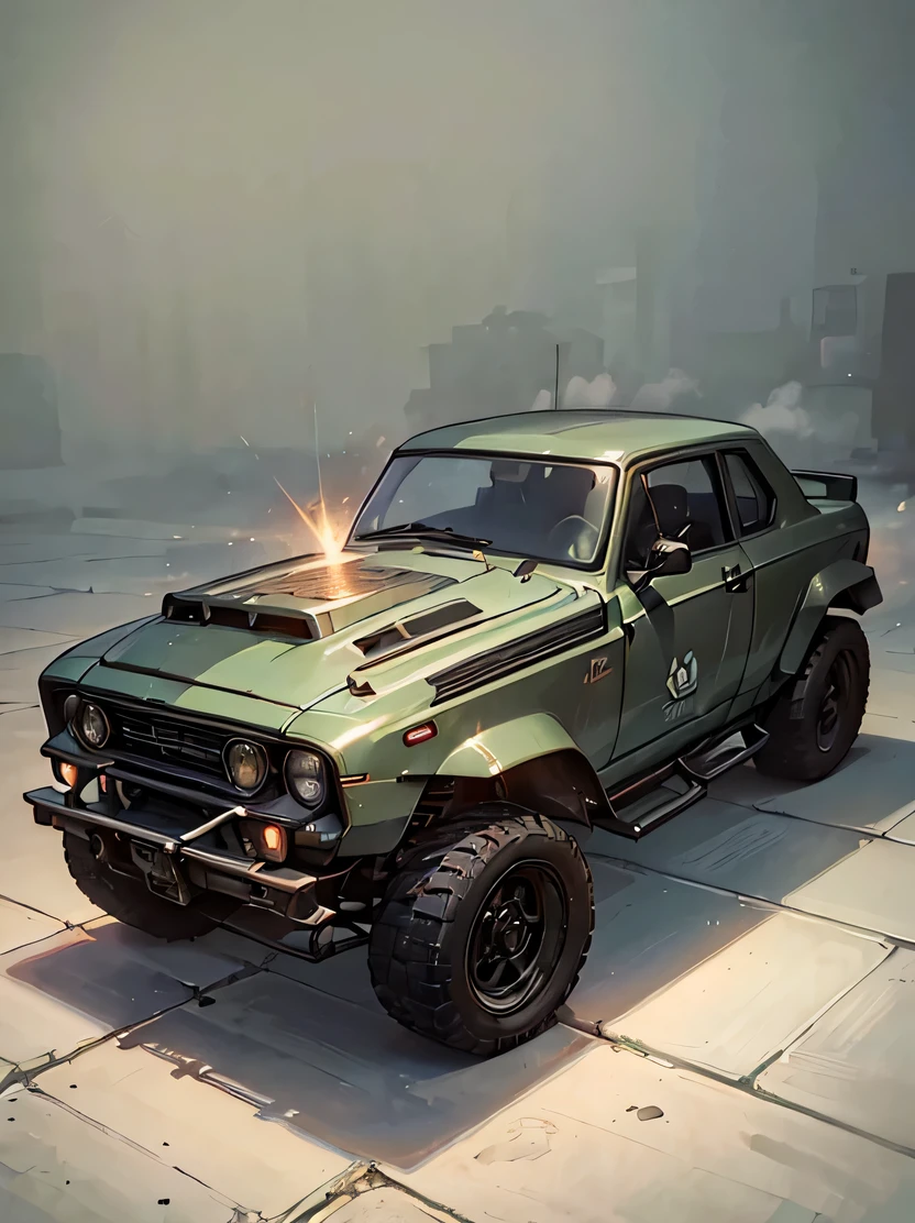 ((masterpiece、highest quality、real、Super detailed、High resolution、photorealistic、sharp focus、realistic photo、Live shooting、cinematic lighting))、 (Combat vehicles)、(Armored vehicles)、vehicle focus、there are no humans、Car、、splash clean water、Ruined city at dusk、cigarette、sparks、Olive drab color paint、zeekars