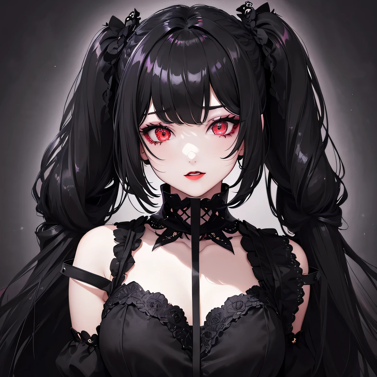 1girl,sense of deps,disorganized,catch light,Super beautiful illustrations,(black color,Two Side Up Hairstyles:1.6),Turn around,dark dark eyeshadow,bright red lipstick,gothic lolita,Upper body,;D,beautiful and delicate flowing hair,Delicate and detailed red eyes