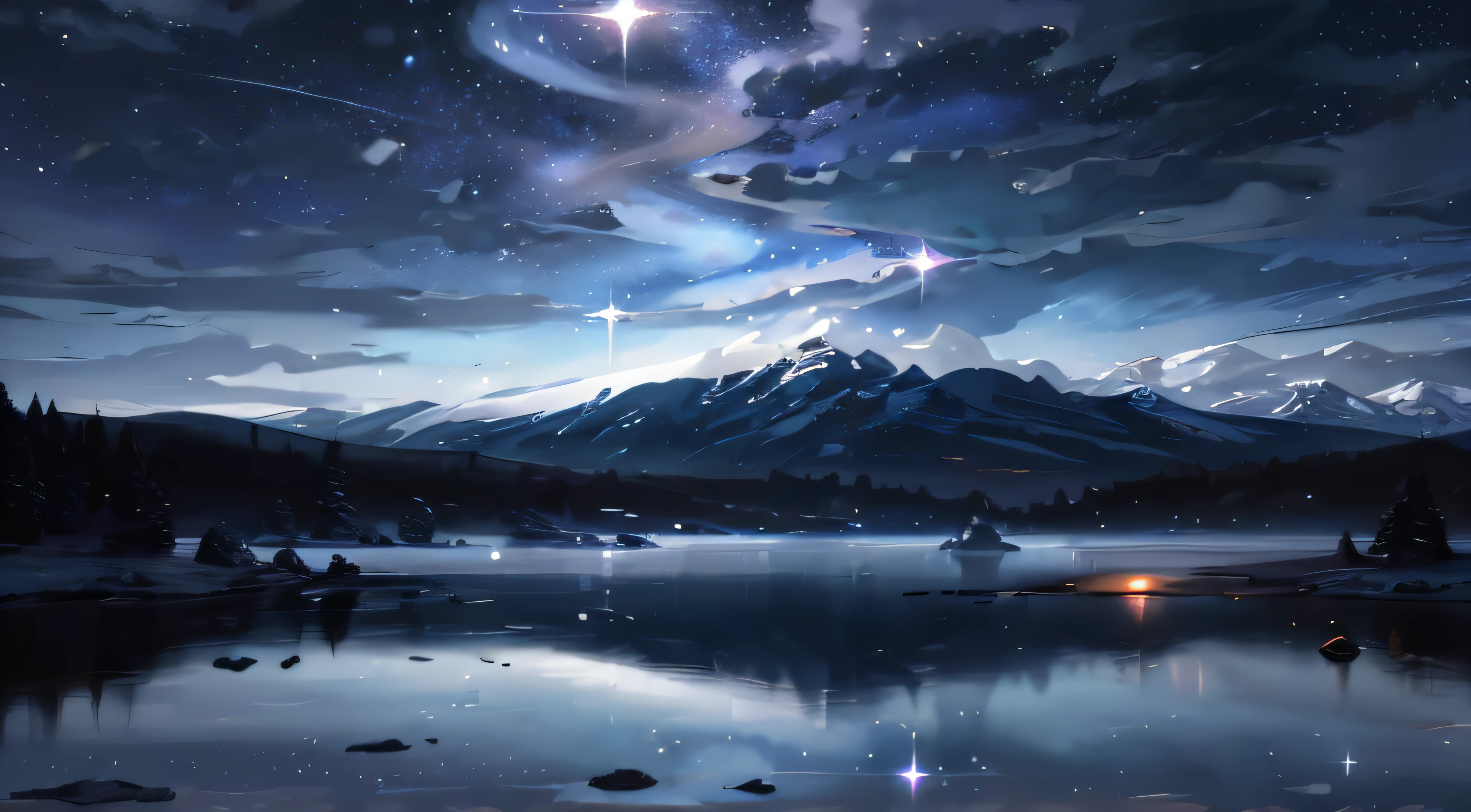Starry Sky with Mountains and Lake, Jessica Rossier, Inspired by Jessica Rossier, Jessica Rossier Fantasy Art, Concept Art Magic Highlights, Official Artwork, Dream Painting, Ethereal Realm, Atmospheric artwork, dreamy matte paintings, serene endless stars inspired by Ted Nasmith, moonlit starry environments, epic music album covers.