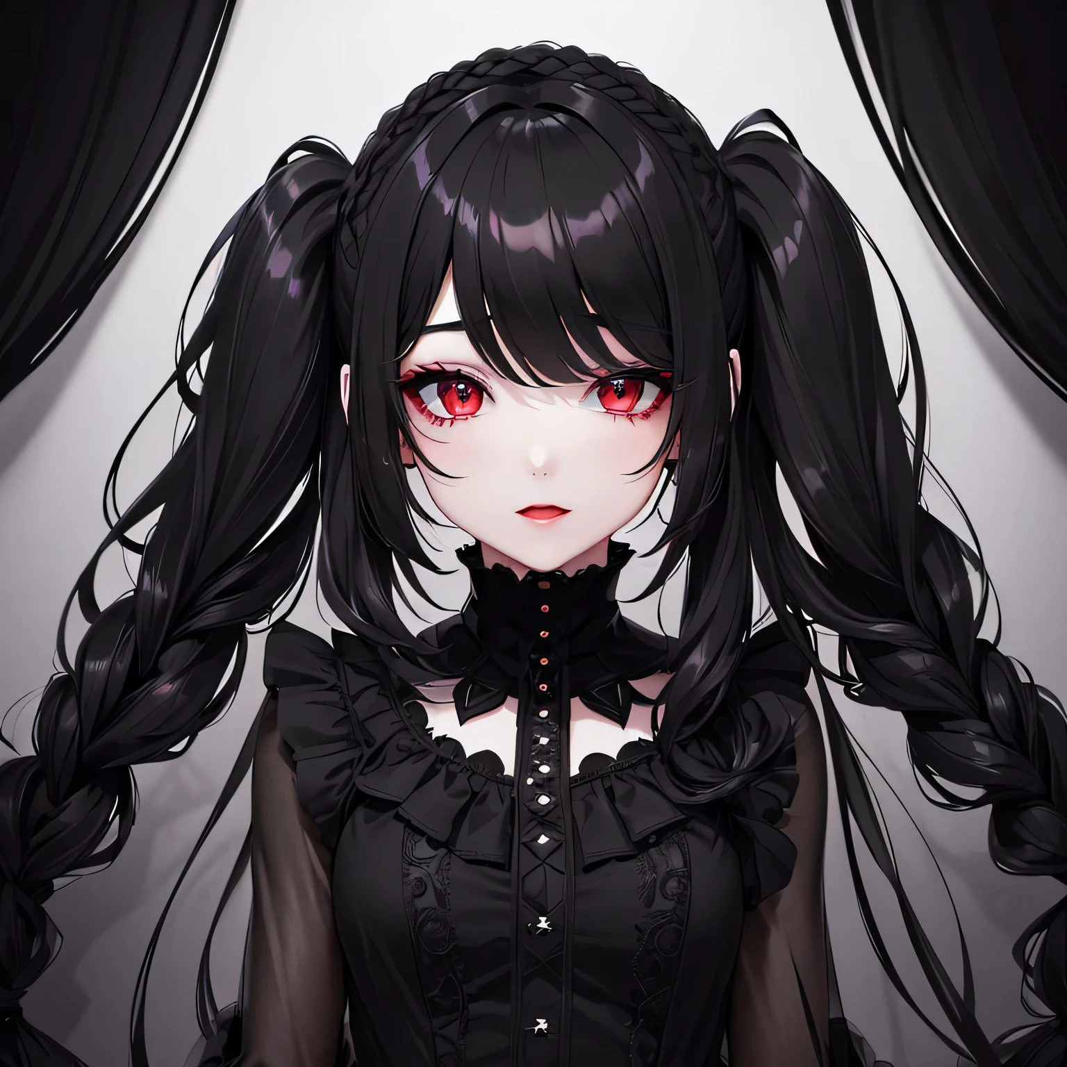 1girl,sense of deps,disorganized,catch light,Super beautiful illustrations,(black color,Two Side Up Hairstyles:1.6),Turn around,dark dark eyeshadow,bright red lipstick,gothic lolita,Upper body,;D,beautiful and delicate flowing hair,Delicate and detailed red eyes