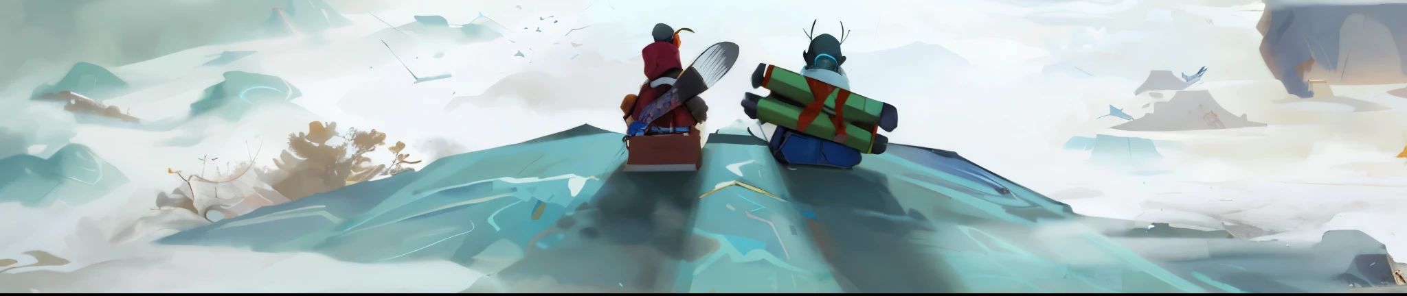 painting of two people on a mountain with skis and snowboards, dota 2 concept art, ismail inceoglu and ruan jia, winter concept art, onmyoji, riot games concept art, painted as a game concept art, onmyoji detailed art, traditional japanese concept art, concept art, concept art, by Shingei, dota 2, illustration concept art