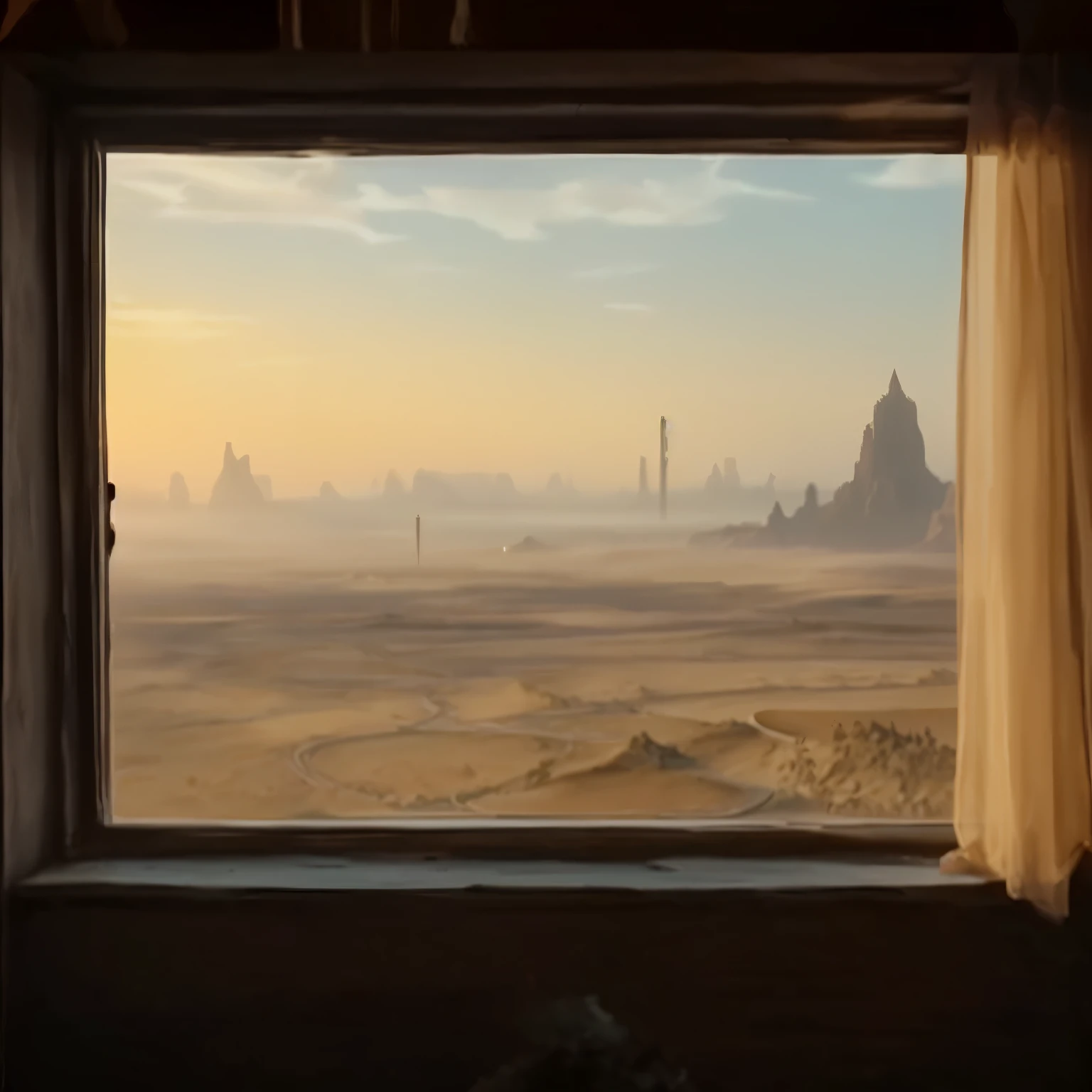 there is a view of a desert from a window in a building, mattepainting, 8 k matte painting, 8k matte painting, matte painting concept art, beautiful mattepainting, a matte painting, concept art matte painting, 4 k matte painting, matte sharp painting, cinematic digital painting, epic cinematic matte painting, sci-fi digital painting, science - fiction matte painting