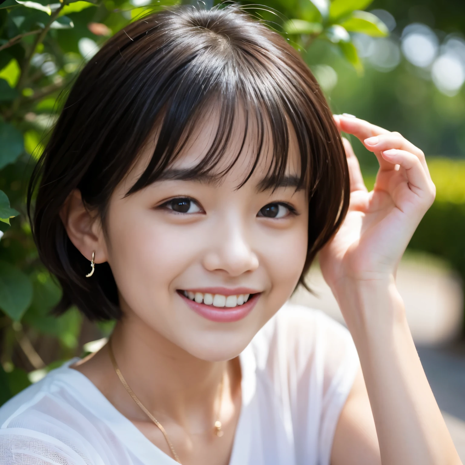 Best-quality, Masterpiece, Ultra-High-Resolution, (Photorealistic:1.4), Raw-Photo, 1girl, 12-years-old, the most popular Japanese idol, portrait, laughing out loud, extremely cute face like the most famous Japanese idol, extremely beautiful big-black-eyes, extremely beautiful black-short-cut-haired, extremely beautiful skins, extremely beautiful long-eyelashes, extremely beautiful lips, extremely beautiful teeth