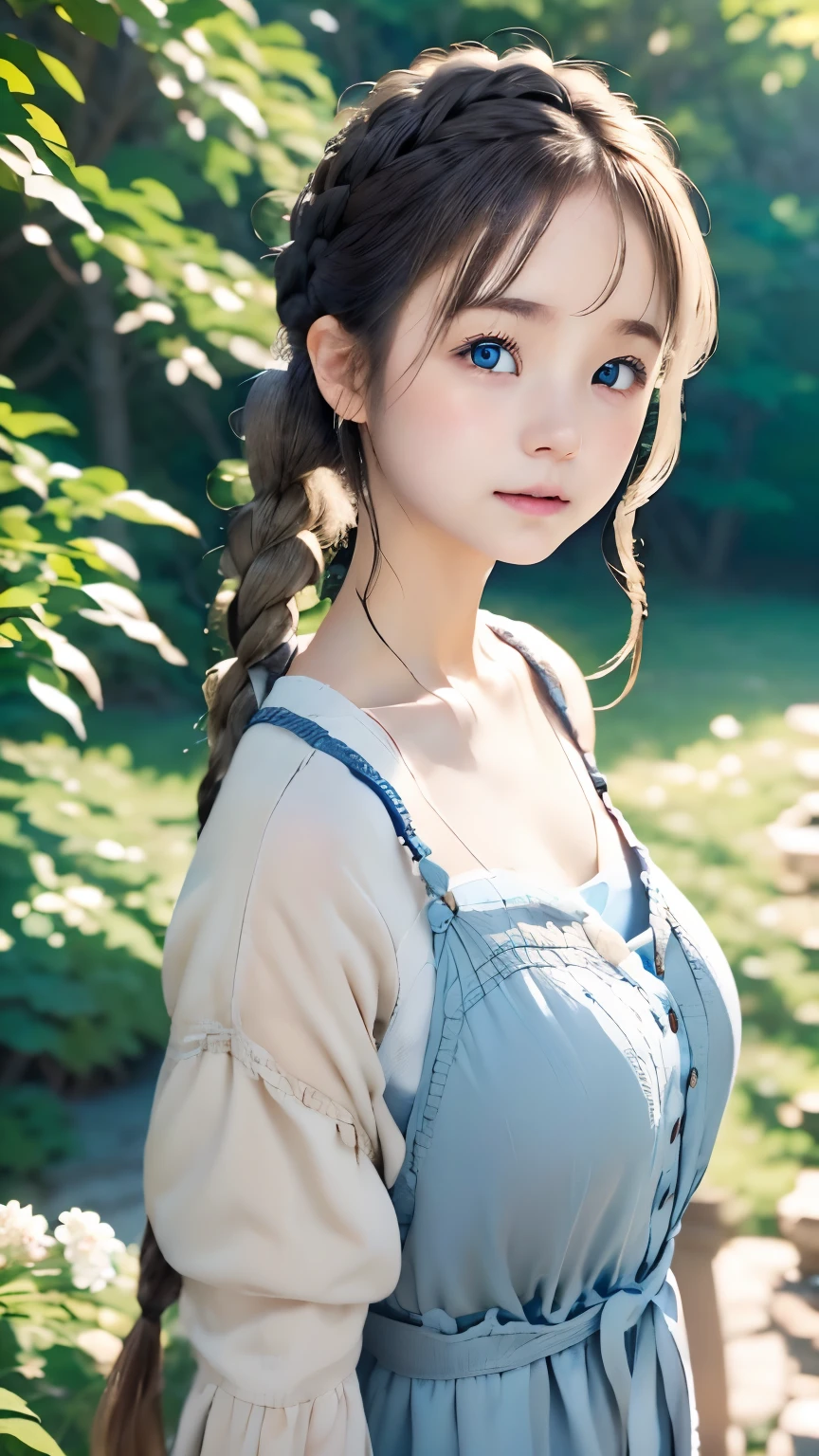 one woman、cute face、Rin々new expression、Japanese、charming eyes、Cream hair、french braid、18 years old、camisole dress、blue outerwear、outdoor、