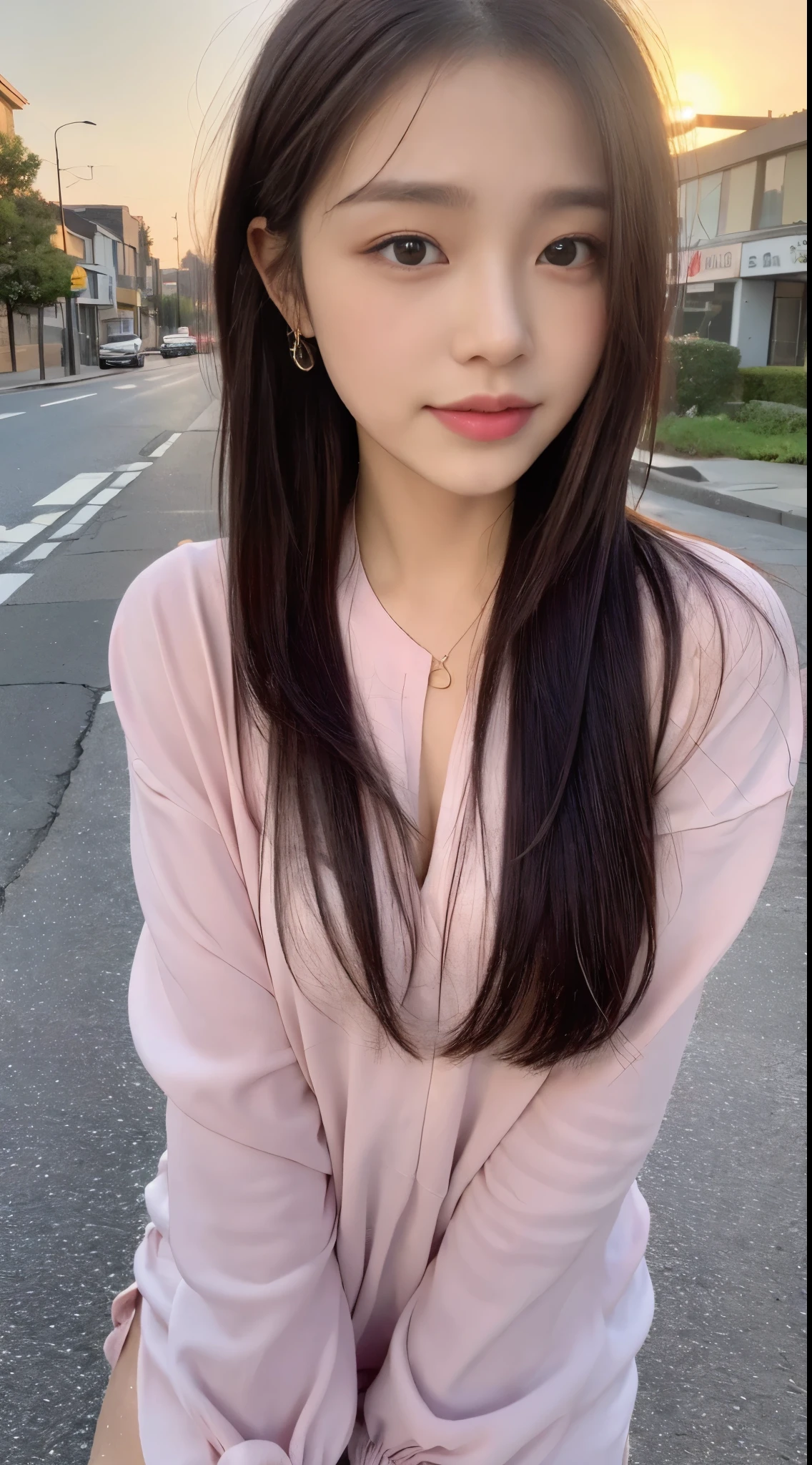 ((highest quality, 8K, masterpiece: 1.3)), concentrated: 1.2, perfect beauty: 1.4, butt: 1.2, ((layered hairstyles, beautiful breasts)), (wet clothes: 1.1), (sunset, street: 1.3), Half Way Dresses: 1.1, Highly detailed face and skin texture, narrow eyes, double eyelid, Whitening skin, long hair, (shut up: 1.3), smile, Unreal beauty,Cheeks and lips slightly pink,