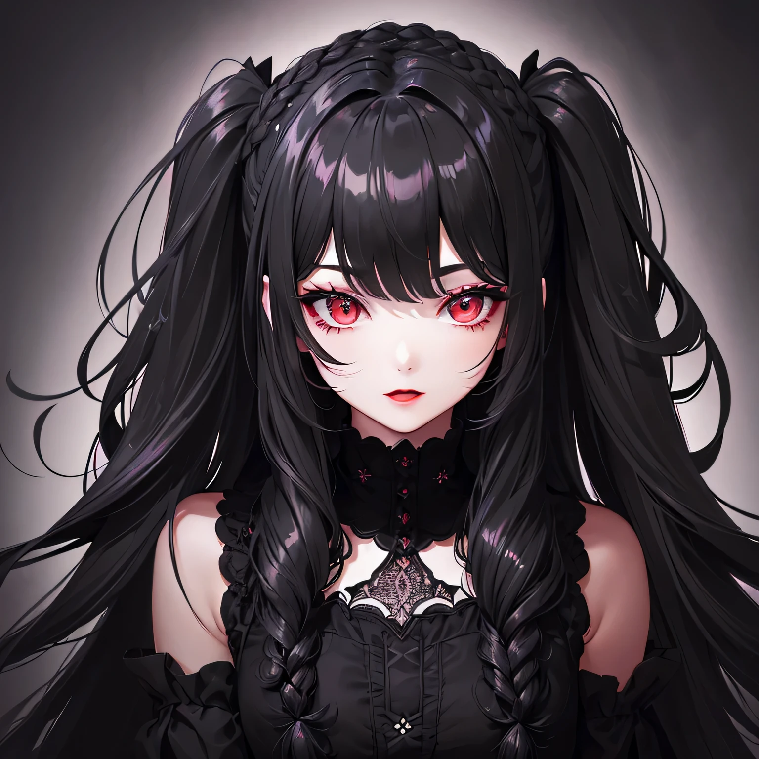 1girl,sense of deps,disorganized,catch light,Super beautiful illustrations,(black color,Two Side Up Hairstyles:1.6),Turn around,dark dark eyeshadow,bright red lipstick,gothic lolita,Upper body,;D,beautiful and delicate flowing hair,Delicate and detailed red eyes