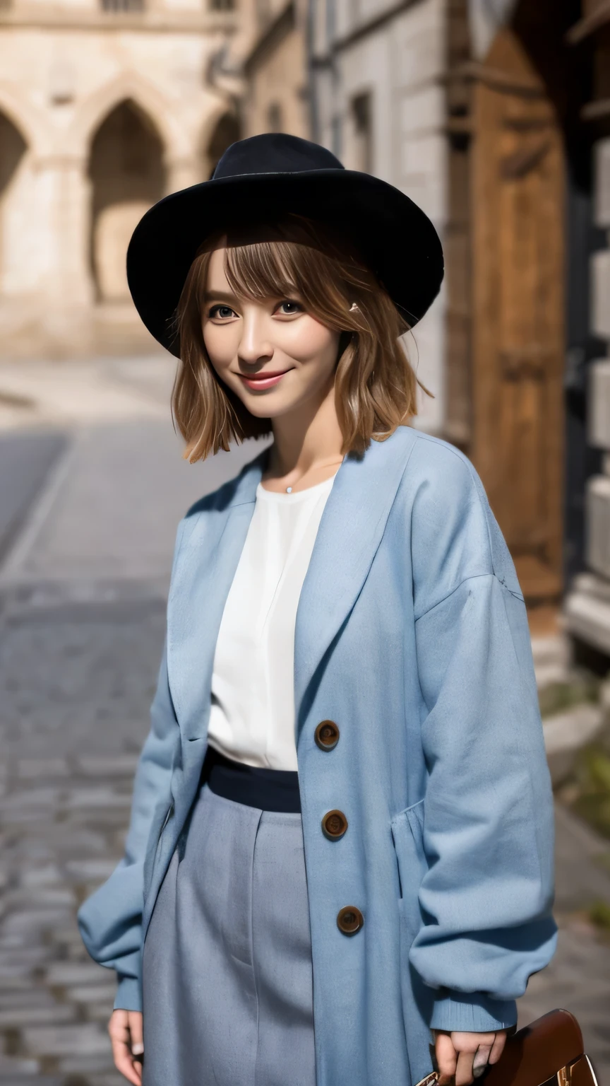 elaina_(majo_no_tabitabi), masterful, masterpiece, 4k,, 1girl, feminine, beautiful, a-cup, grey hair, big magical hat + black on the top and purple on the inside, blue eyes, white shirt, yellow ribbon, black robe,, kawaii, looking at viewer, slight smile, magical girl, background medieval Europe,