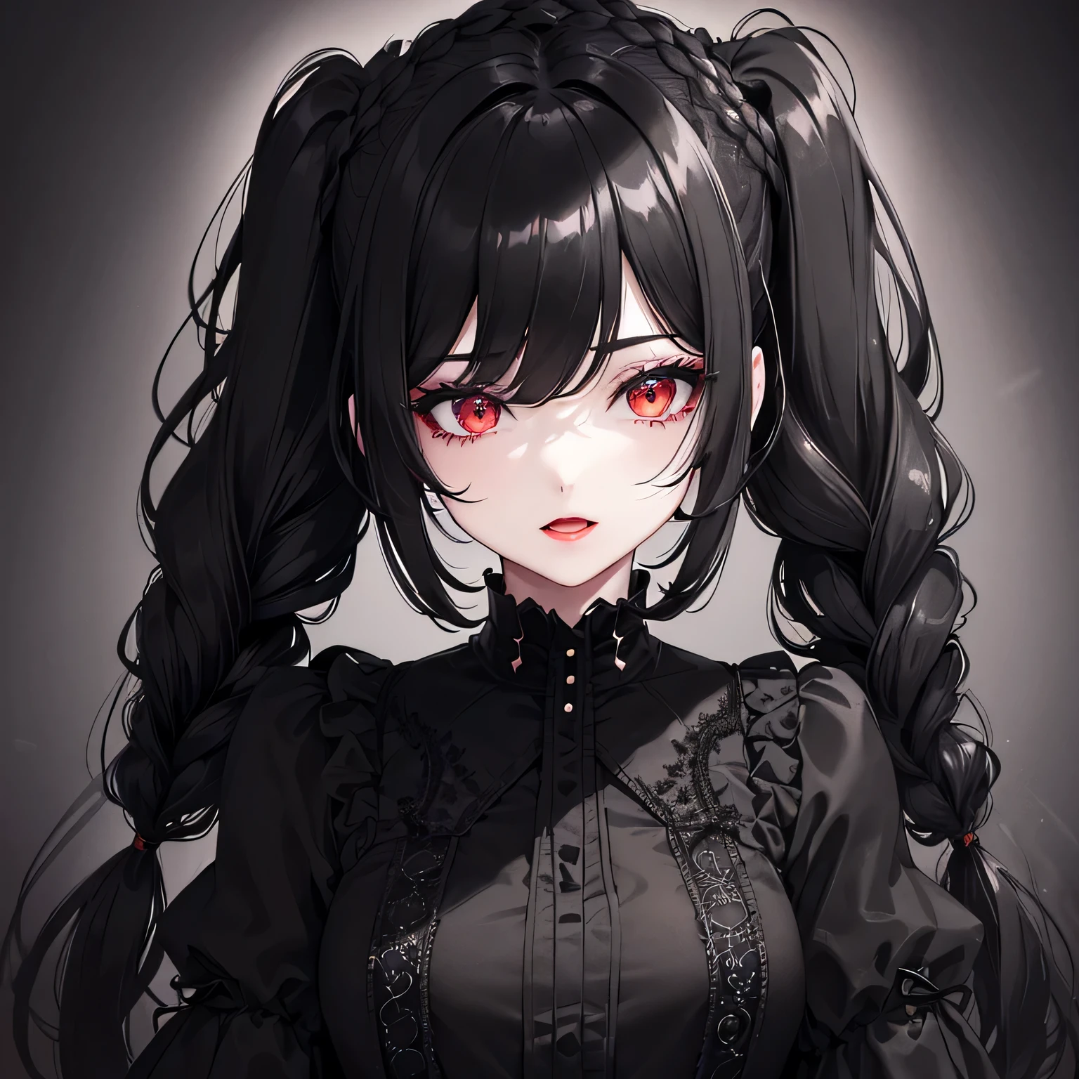 1girl,sense of deps,disorganized,catch light,Super beautiful illustrations,(black color,Two Side Up Hairstyles:1.6),Turn around,dark dark eyeshadow,bright red lipstick,gothic ta,Upper body,;D,beautiful and delicate flowing hair,Delicate and detailed red eyes