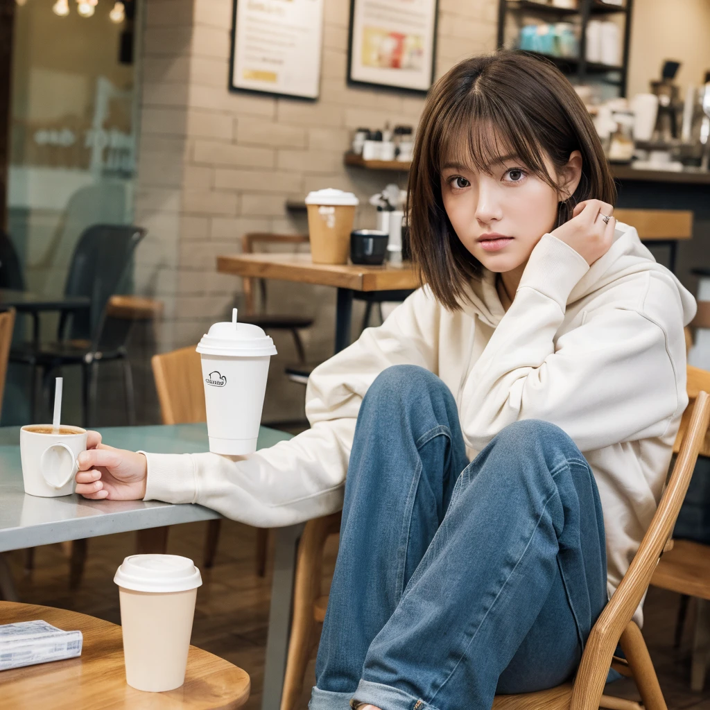 (realistic、High resolution:1.3)、1 girl with perfect figure、super thin face and eyes、short hair、hoodie:1 in random color.2、short jeans、at the cafe、coffee on the table