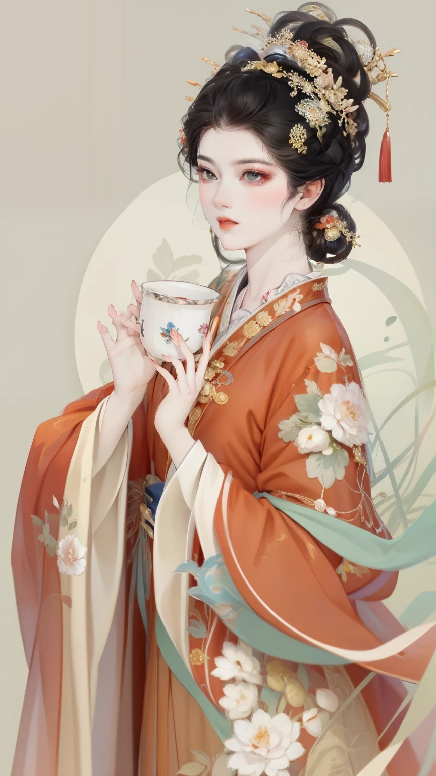 A beautiful girl from the Tang Dynasty of China，A hand holding a cup，The facial features are delicate and fair，Cool temperament，red clothes，Black hair coiled into a bun，Wearing a hairpin，Chinese Tang Dynasty dress，red gold dress，long black hair，Sunlight，Clear face，Ultra-clear，masterpiece，Super detailed，high quality，最high quality，The main color is red