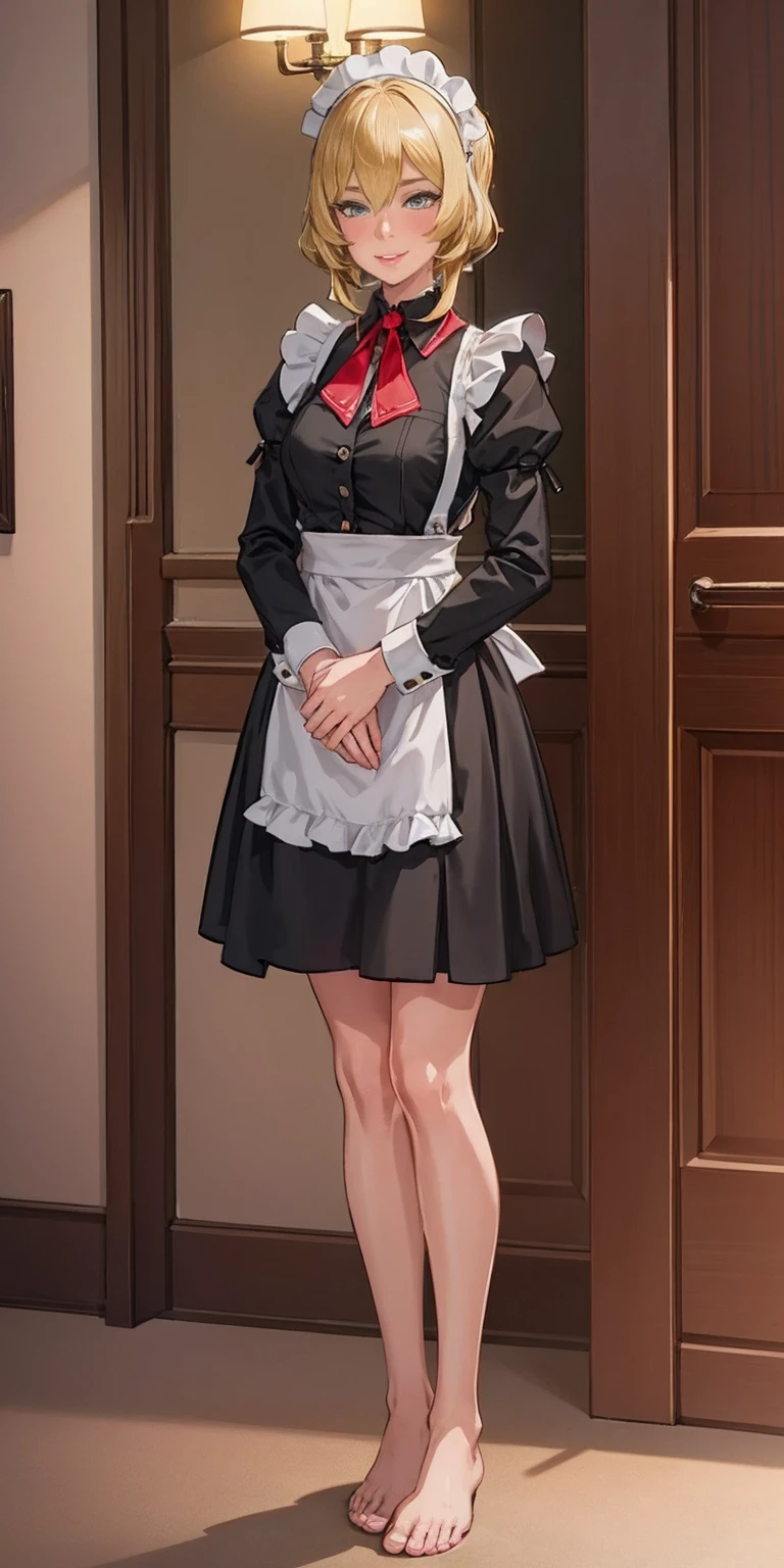 1girl, cute, ((Short black hair girl and long blonde hair girl)), maid victorian, maid apron, straight face, dazed, Body position: Standing, straight, symmetrical, barefoot, Lustful smile on face with red blush,
