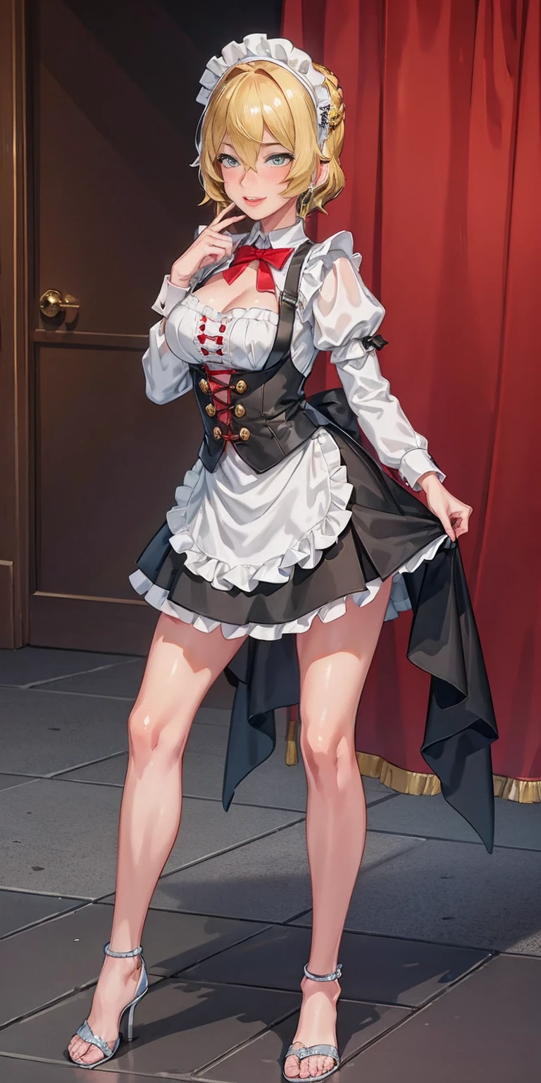 1girl, cute, ((Short black hair girl and long blonde hair girl)), maid victorian, maid apron, straight face, dazed, Body position: Standing, straight, symmetrical, barefoot, Lustful smile on face with red blush,
