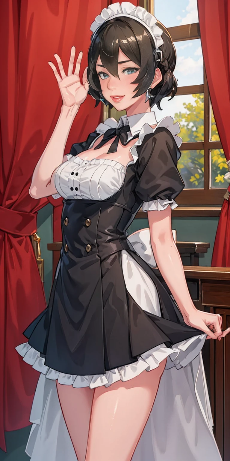 1girl, cute, ((Short black hair girl and long blonde hair girl)), maid victorian, maid apron, straight face, dazed, Body position: Standing, straight, symmetrical, barefoot, Lustful smile on face with red blush,
