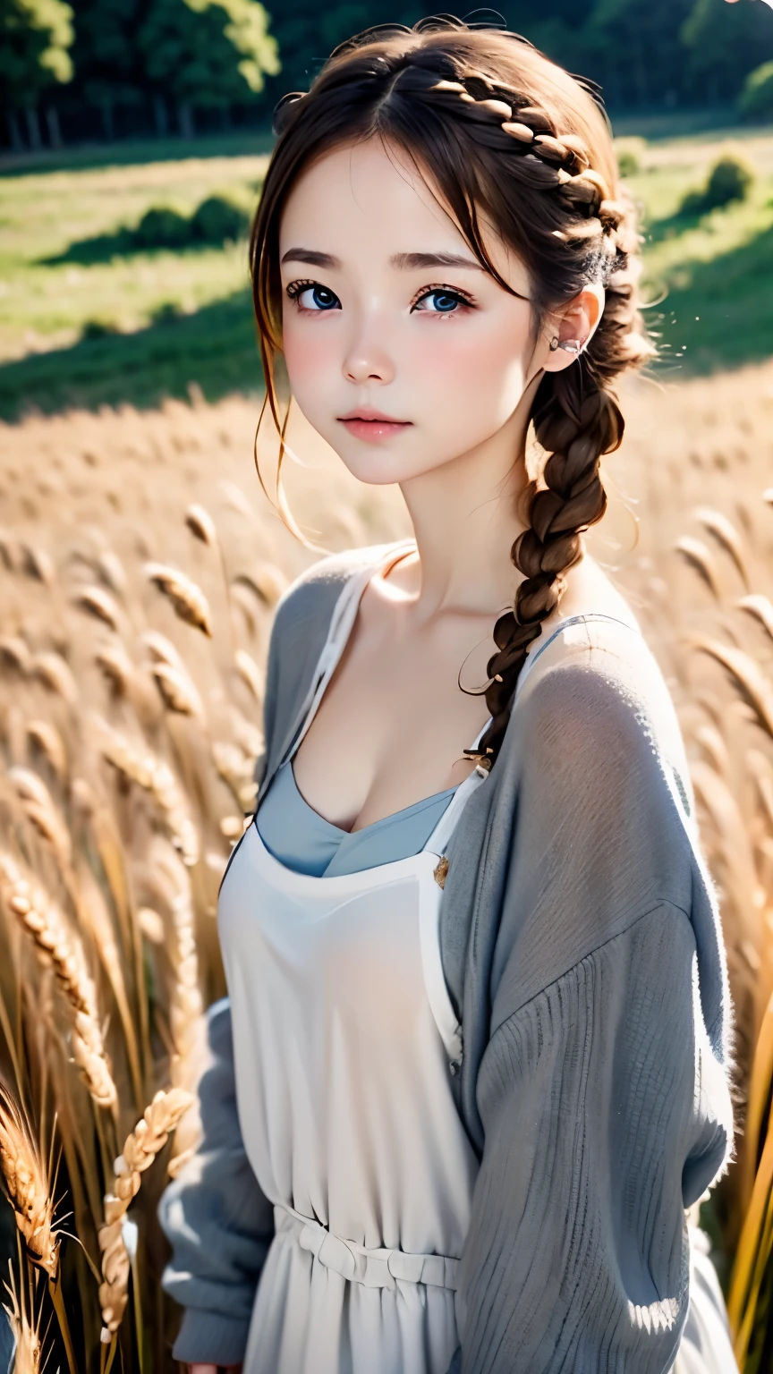 one woman、cute face、Rin々new expression、Japanese、charming eyes、Cream hair、french braid、18 years old、gray eyes、camisole dress、blue outerwear、outdoor、Rinとした佇まい、Wheat field、