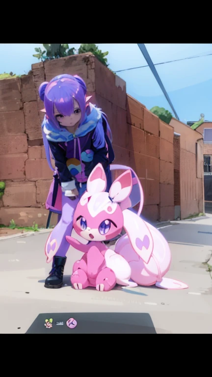 there is a pink and purple pokemon character playing with a pink and purple pokemon, espeon with a sniper, pokemon sword and sheild, mewtwo, mew, pink iconic character, new pokemon, slimy shiny reflective joy, habs mascot youppi pokemon shiny, shining pink armor, sfw version, melty, glomy, antilous chao