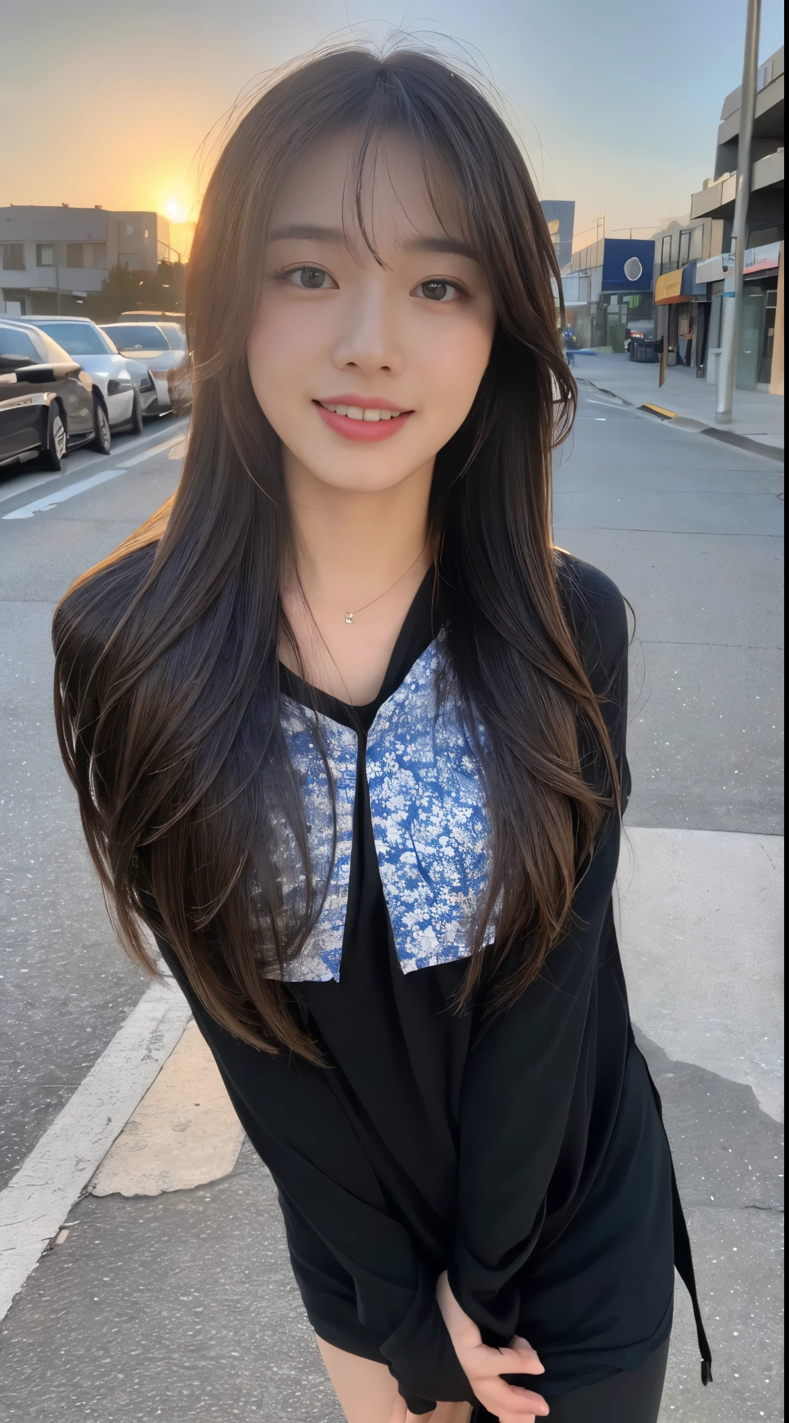 ((highest quality, 8K, masterpiece: 1.3)), concentrated: 1.2, perfect beauty: 1.4, butt: 1.2, ((layered hairstyles, chest: 1.2)), (wet clothes: 1.1), (sunset, street: 1.3), Half Way Dresses: 1.1, Highly detailed face and skin texture, narrow eyes, double eyelid, Whitening skin, long hair, (shut up: 1.3), smile, Unreal beauty,black clothes,