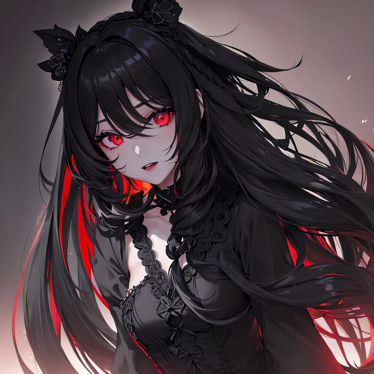 1girl,sense of deps,disorganized,catch light,Super beautiful illustrations,(black color,long hairstyles:1.6),Turn around,dark dark eyeshadow,bright red lipstick,gothic ta,Upper body,;D,beautiful and delicate flowing hair,Delicate and detailed red eyes,big breasts