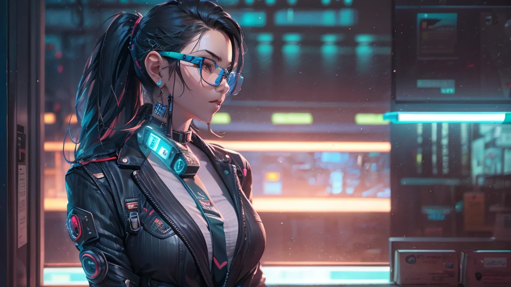 cyberpunk, young woman 1, future office background, secretary, women's office suits, Focus on face and upper body, perfect face, perfect body, glasses, ultra high definition, high detail, 8K