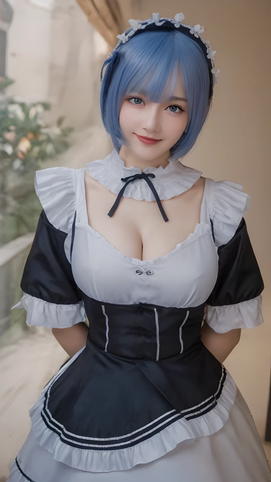 1 girl, maid outfit, short light blue hair, black outfit, maid outfit, bed, exposed shoulders, blue eyes, hairpins, full body, sitting on bed, ((bangs comb on right))), window, sunlight