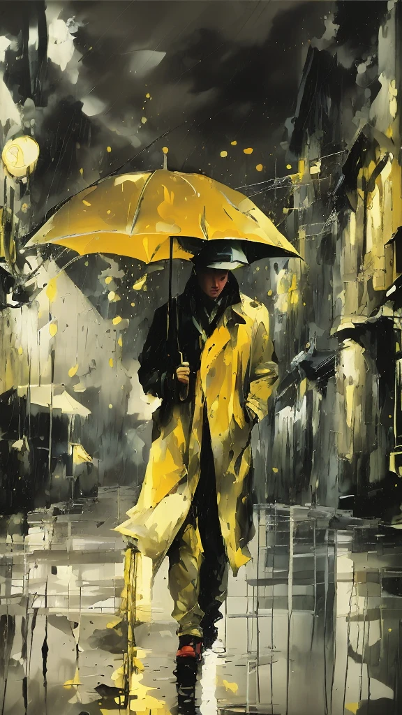 painting of a man walking in the rain with an umbrella, dark green raincoat, yellow parasol, under rain, incredible art, in the rain, dramatic artwork, by Grzegorz Domaradzki, surreal black and yellow, on a rainy day, incredible painting, stunning artwork, wet from rain, wet streets, Street lighting, night shade, dark clouds and lightning at background