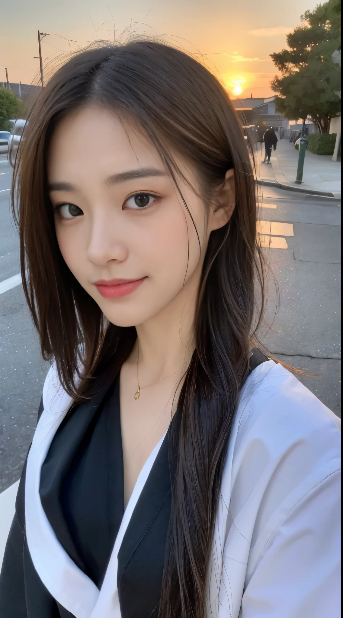 ((highest quality, 8K, masterpiece: 1.3)), concentrated: 1.2, perfect beauty: 1.4, butt: 1.2, ((layered hairstyles, chest: 1.2)), (wet clothes: 1.1), (sunset, street: 1.3), Half Way Dresses: 1.1, Highly detailed face and skin texture, narrow eyes, double eyelid, Whitening skin, long hair, (shut up: 1.3), smile, Unreal beauty,black clothes,