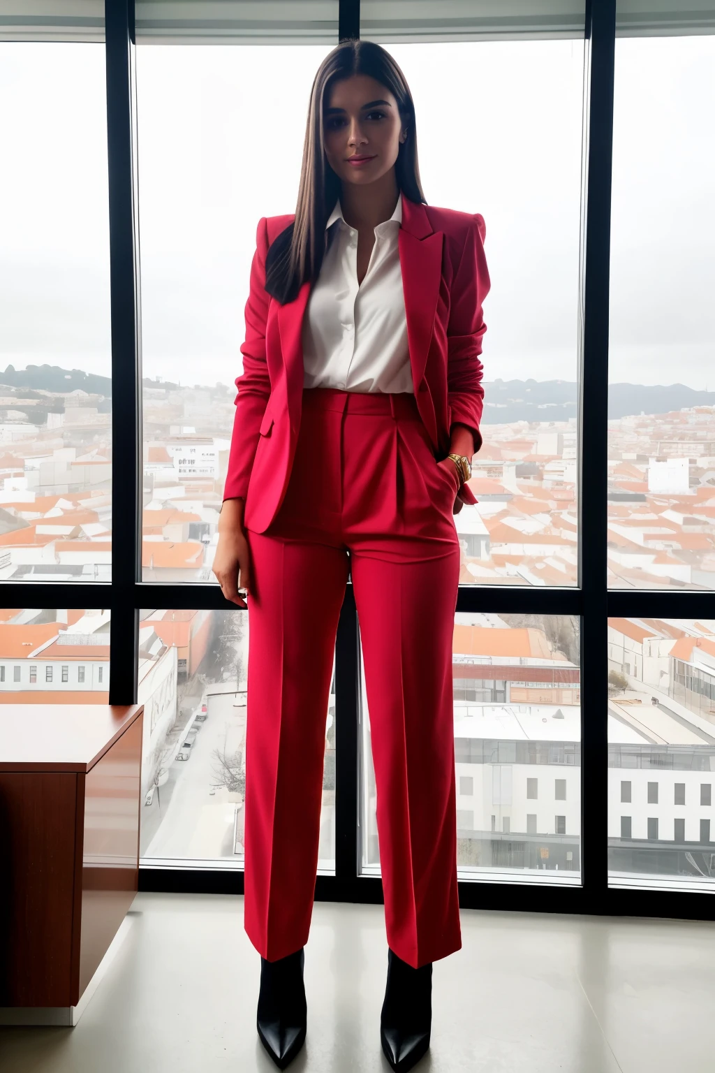 ((best quality)), ((masterpiece)), (detailed), perfect face Uma jovem marketeira de 30 anos, standing in a modern, colorful agency office. She is dressed in an oversized fashionista outfit. Ela usa um blazer oversized na cor preta. Por baixo do blazer, uma blusa de seda. Super pantaloon pants in red. Her shoes are black high-heeled boots., que complementam o visual. Minimalist accessories, like an elegant wristwatch and a thin silver bracelet, adornam seus pulsos. Her hair is straight, pretos, longos e com franja pinup. your skin tone is white
. The office around her reflects an atmosphere of modernity and colorful success., com uma mesa de madeira, advanced technology, organized documents and a large window that offers a panoramic view of the city. Soft, well-distributed lighting highlights her figure, highlighting her as a central figure of competence and determination.