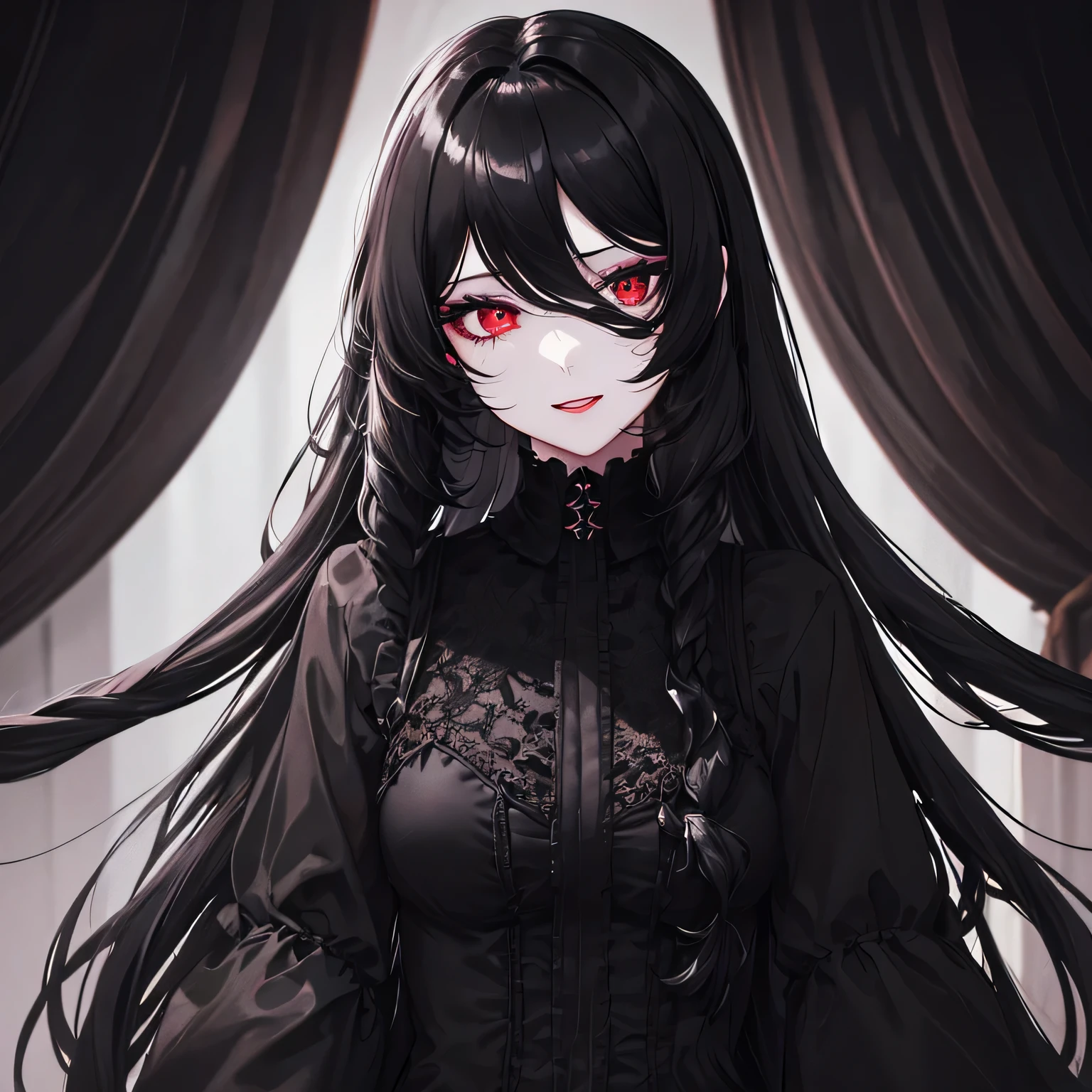 1girl,sense of deps,disorganized,catch light,Super beautiful illustrations,(black color,long hairstyles:1.6),dark dark eyeshadow,bright red lipstick,gothic ta,Upper body,;D,beautiful and delicate flowing hair,Delicate and detailed red eyes,Fantastic