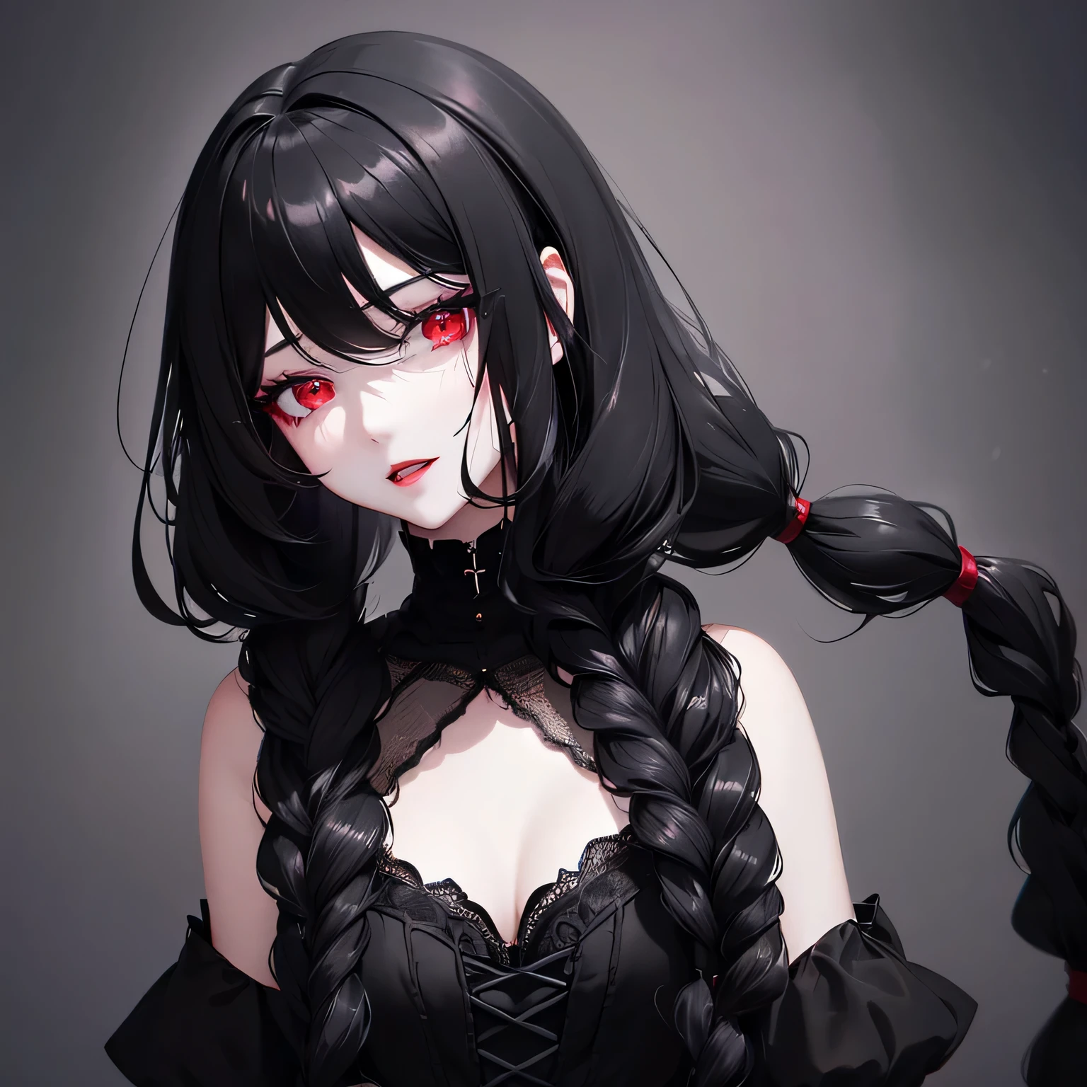 1girl,sense of deps,disorganized,catch light,Super beautiful illustrations,(black color,long hairstyles:1.6),dark dark eyeshadow,bright red lipstick,gothic lolita,Upper body,;D,beautiful and delicate flowing hair,Delicate and detailed red eyes,Fantastic