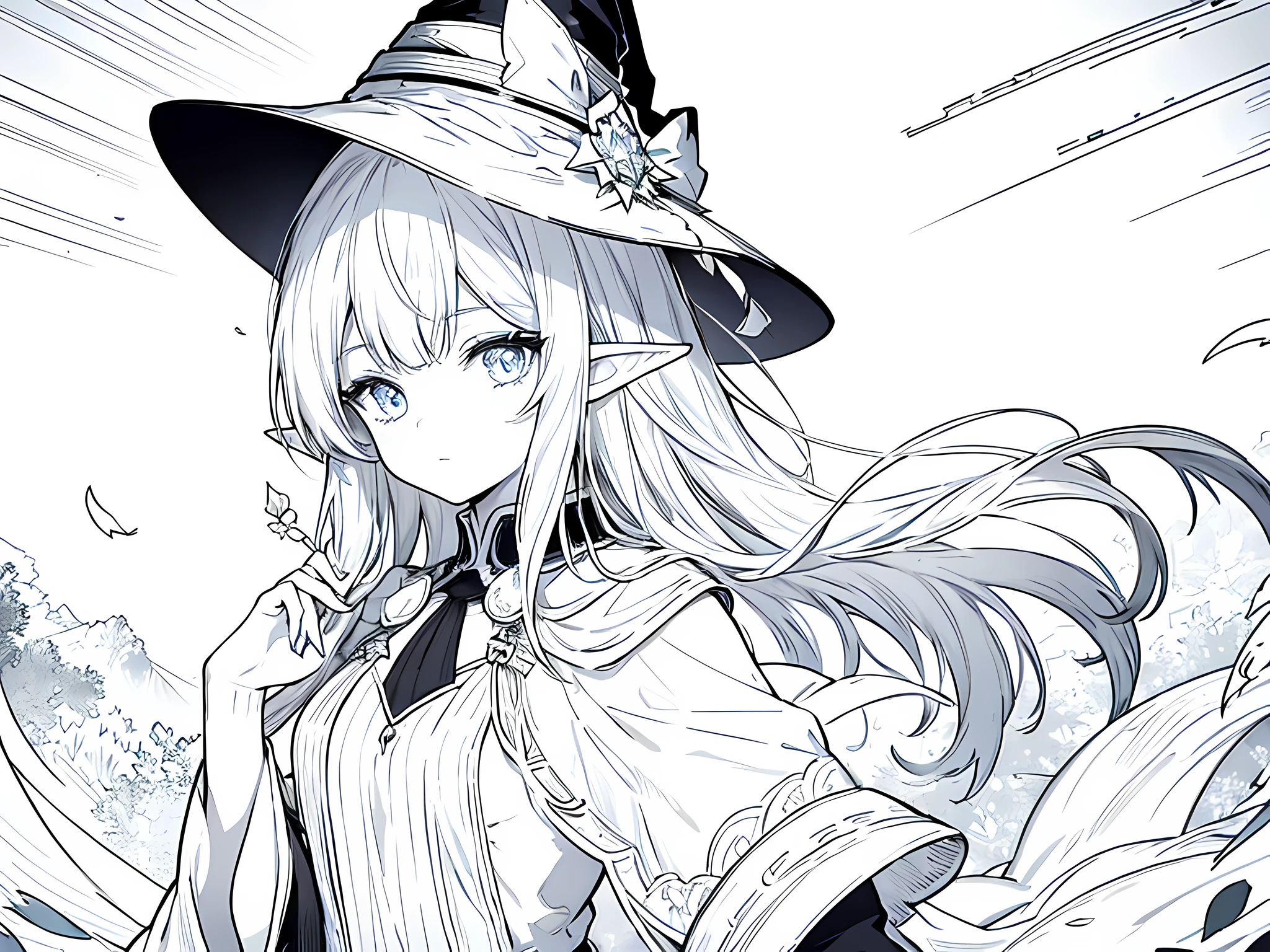 1 elf woman, magician outfit, wearing witch hat, long hair, face to detail, detailed face, happy facial expression, monochrome (clear line, lineart), half-body illustration
