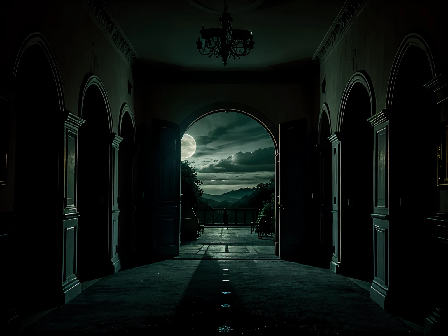 Hyperrealistic spooky style castle hallway setting, moonlight clouds