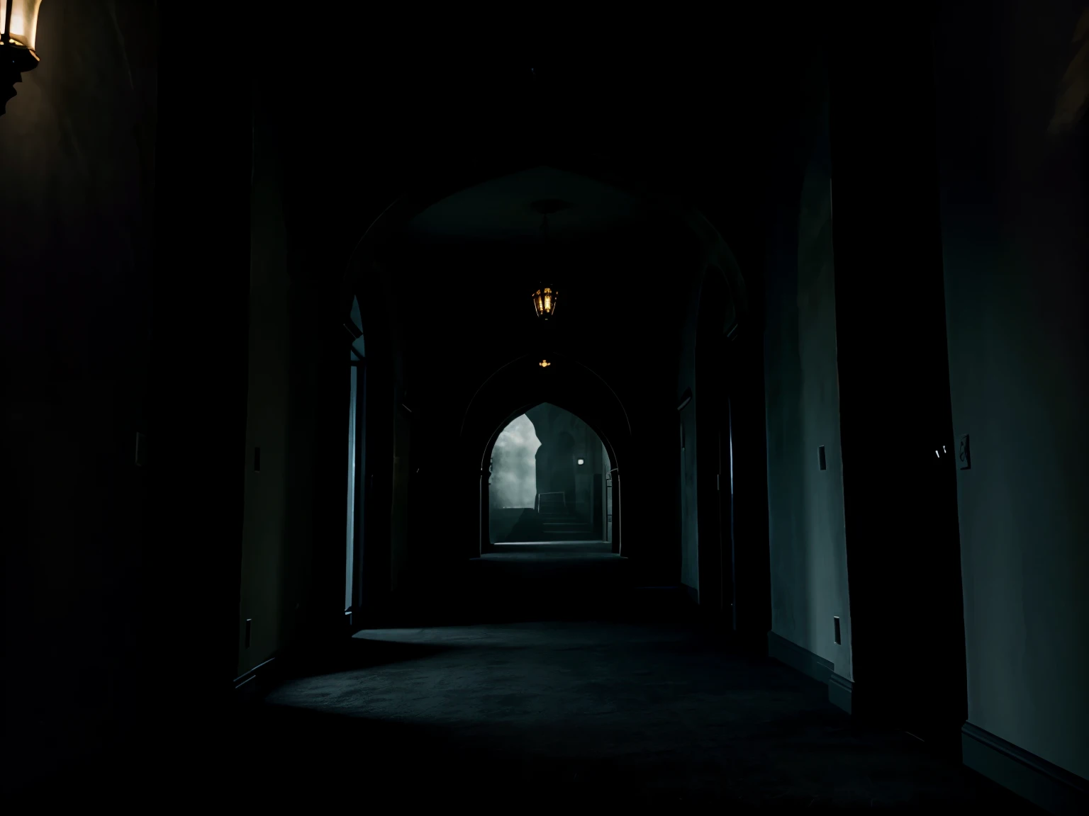 Hyperrealistic spooky style castle hallway setting, moonlight clouds