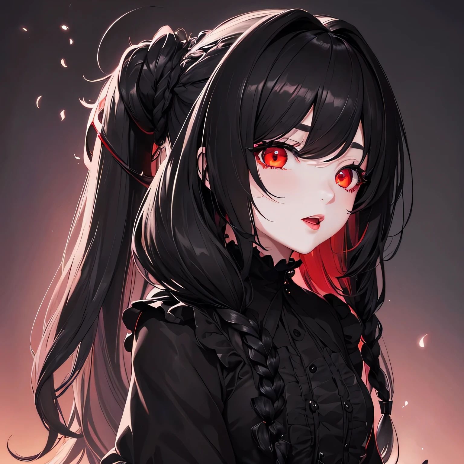1girl,sense of deps,disorganized,catch light,Super beautiful illustrations,whole body,(black color,long hairstyles:1.6),dark dark eyeshadow,bright red lipstick,gothic lolita,;D,beautiful and delicate flowing hair,Delicate and detailed red eyes