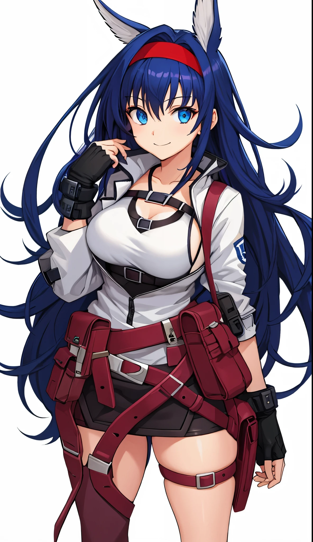 blaze hairstyle, outfit-blaze, 1girl, solo, animal ears, red hairband, long hair, breasts, looking at viewer, blue eyes, white background, pouch, bangs, black hair, simple background, smile, hair between eyes, cowboy shot, very long hair, holding, closed mouth, large breasts, blue hair 