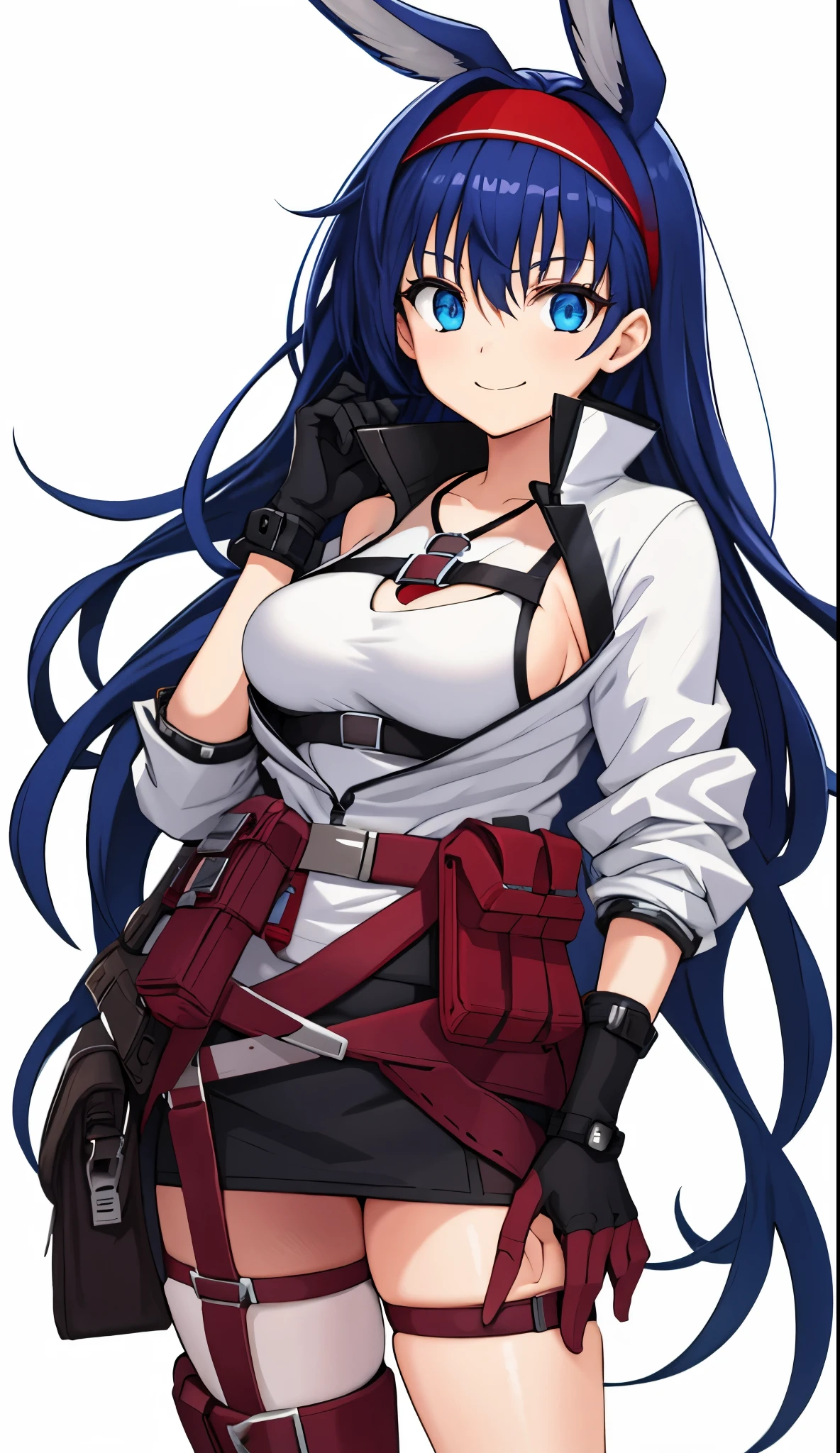 blaze hairstyle, outfit-blaze, 1girl, solo, animal ears, red hairband, long hair, breasts, looking at viewer, blue eyes, white background, pouch, bangs, black hair, simple background, smile, hair between eyes, cowboy shot, very long hair, holding, closed mouth, large breasts, blue hair 